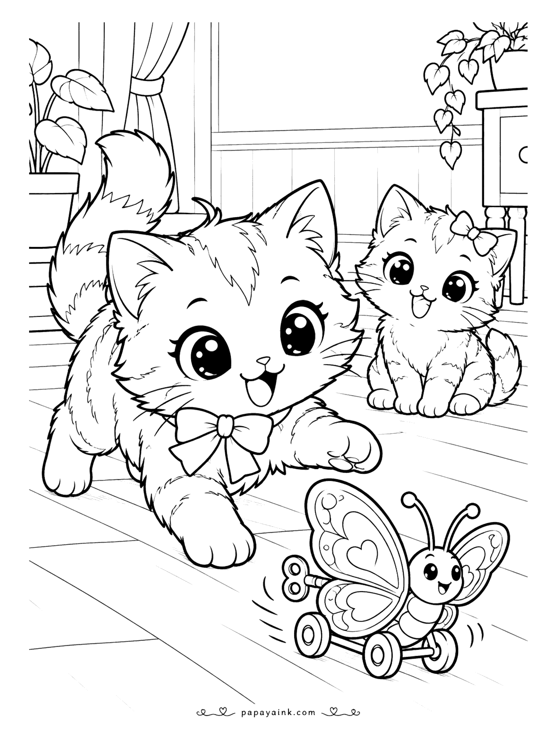Kawaii Cat Coloring Pages - Bouncy kitten chasing a smiling wind-up butterfly toy across the wooden floor while a friend with a bow watches from behind.