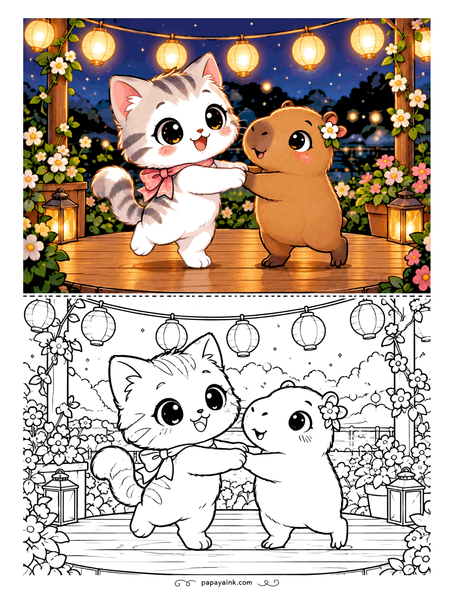 Kawaii Cat Coloring Pages - Happy kitten in a pink neck bow twirling a capybara across a garden stage under a string of paper lanterns - deep evening blues make the lanterns shine. Detailed.
