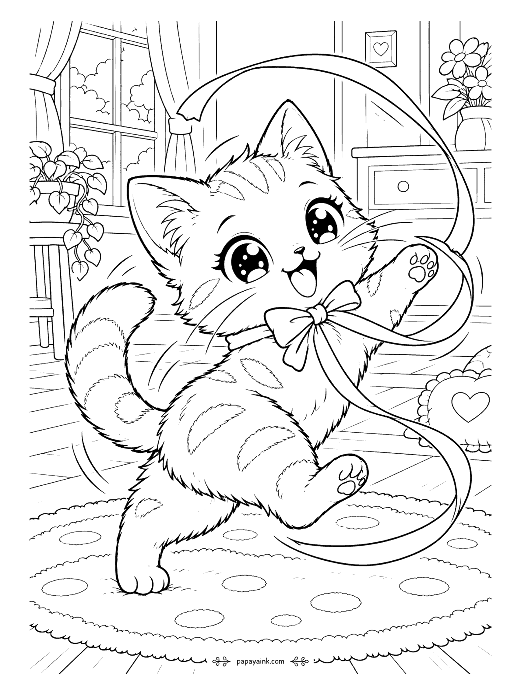 Kawaii Cat Coloring Pages - Happy tabby kitten spinning on tiptoe as a long satin ribbon swirls all around it - a bright ribbon looks great against soft stripes.