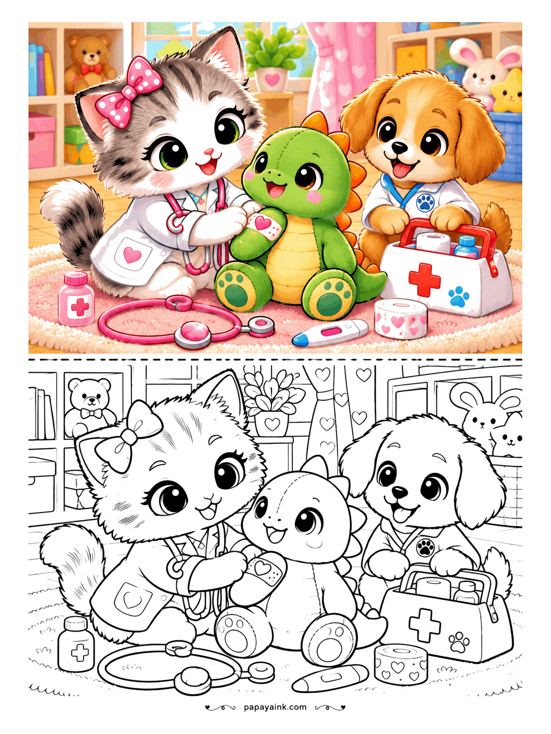 Kawaii Cat Coloring Pages - Kitten doctor in a white coat and stethoscope bandaging a plush dinosaur's arm while a puppy nurse holds the first-aid kit, with a toy thermometer on the rug.
