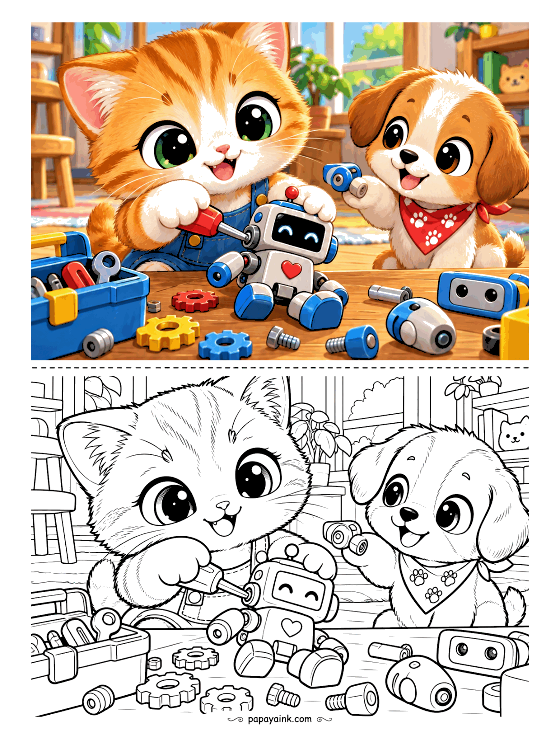Kawaii Cat Coloring Pages - Handy kitten in denim overalls tightening a bolt on a smiling toy robot while a puppy in a paw-print bandana passes up a spare part, with gears and screws scattered across the workbench.