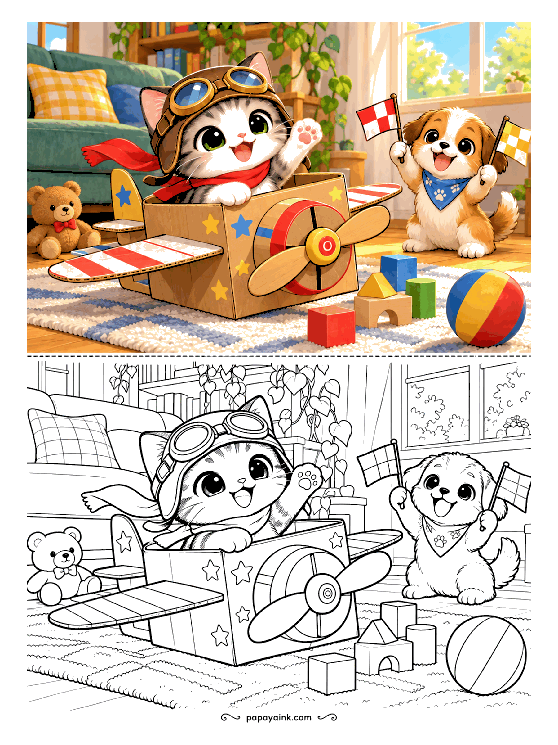 Kawaii Cat Coloring Pages - Pilot kitten in a leather cap and goggles flying a cardboard-box airplane across the living room rug while a puppy waves checkered flags beside the toy blocks.