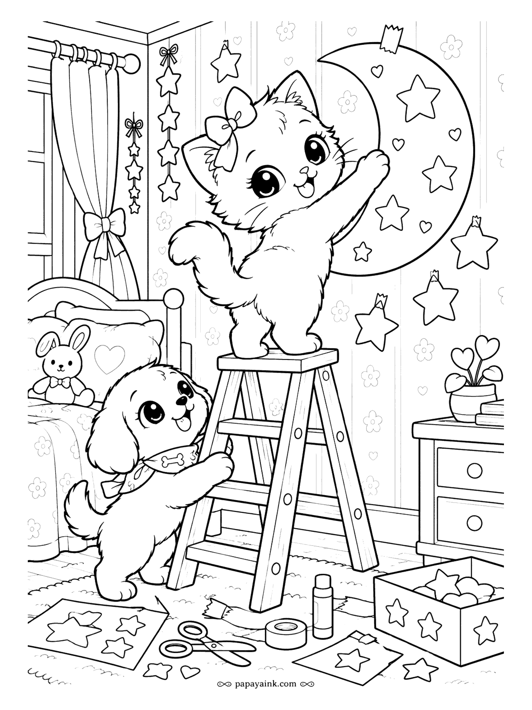 Kawaii Cat Coloring Pages - Kitten with a bow on a stepladder taping a paper moon to the bedroom wall as a puppy holds the ladder, with cut-out stars, scissors and glue scattered across the floor.