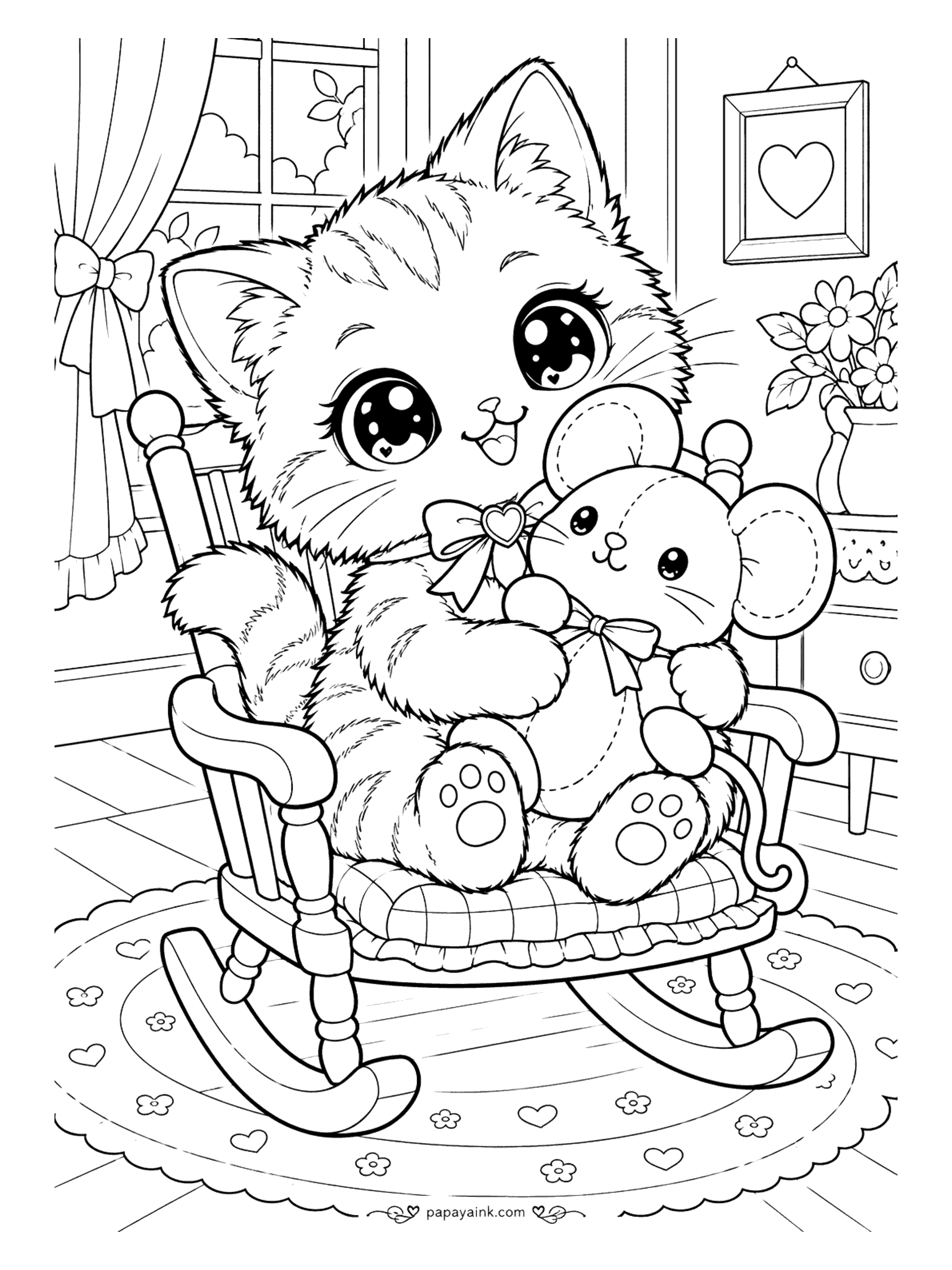 Kawaii Cat Coloring Pages - Cuddly kitten sitting in a little wooden rocking chair with a gingham cushion, hugging a stitched plush mouse with a heart bow.