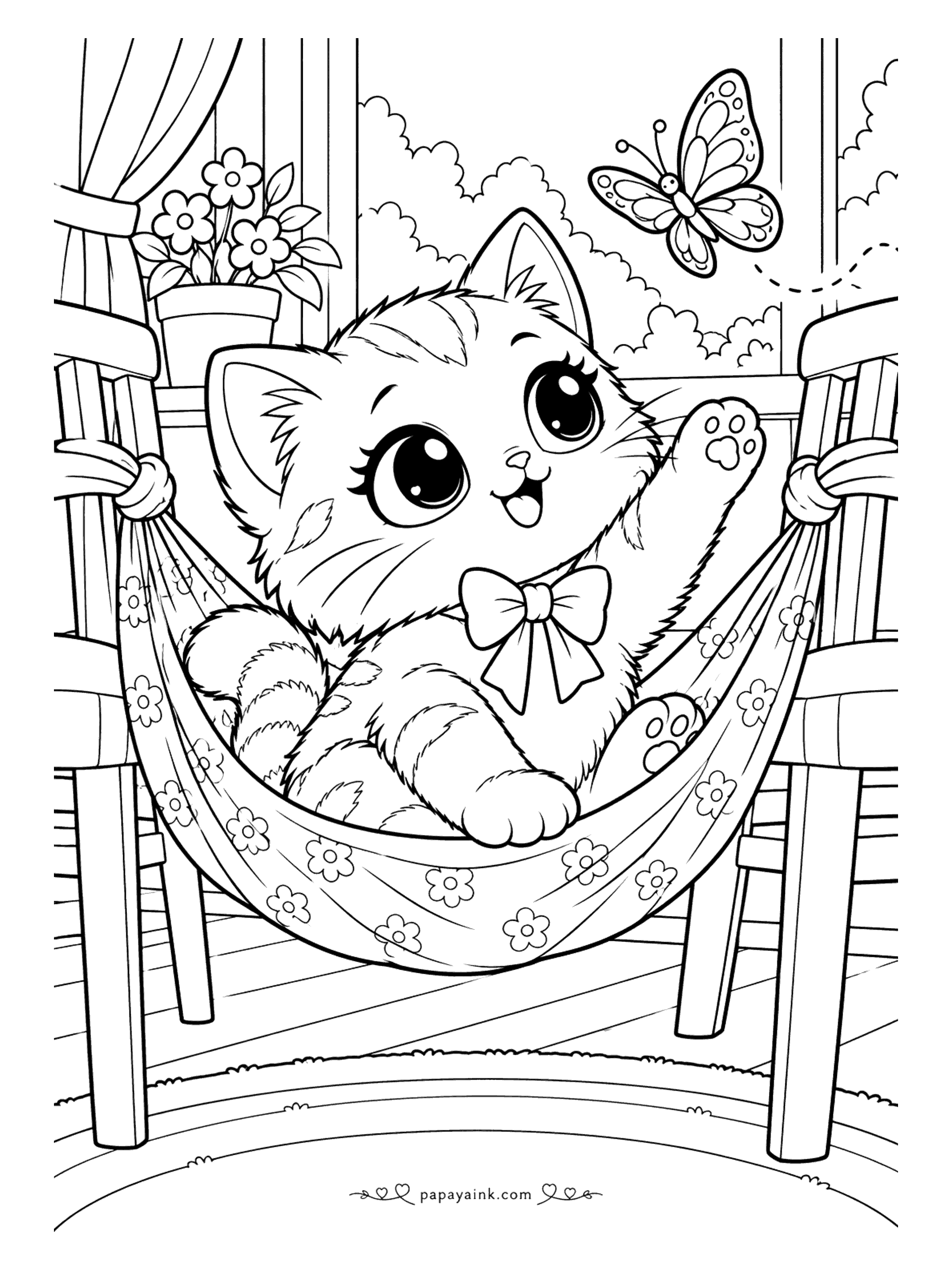 Kawaii Cat Coloring Pages - Lazy-day kitten stretched out in a flower-print hammock tied between wooden chairs, waving at a butterfly outside the window.