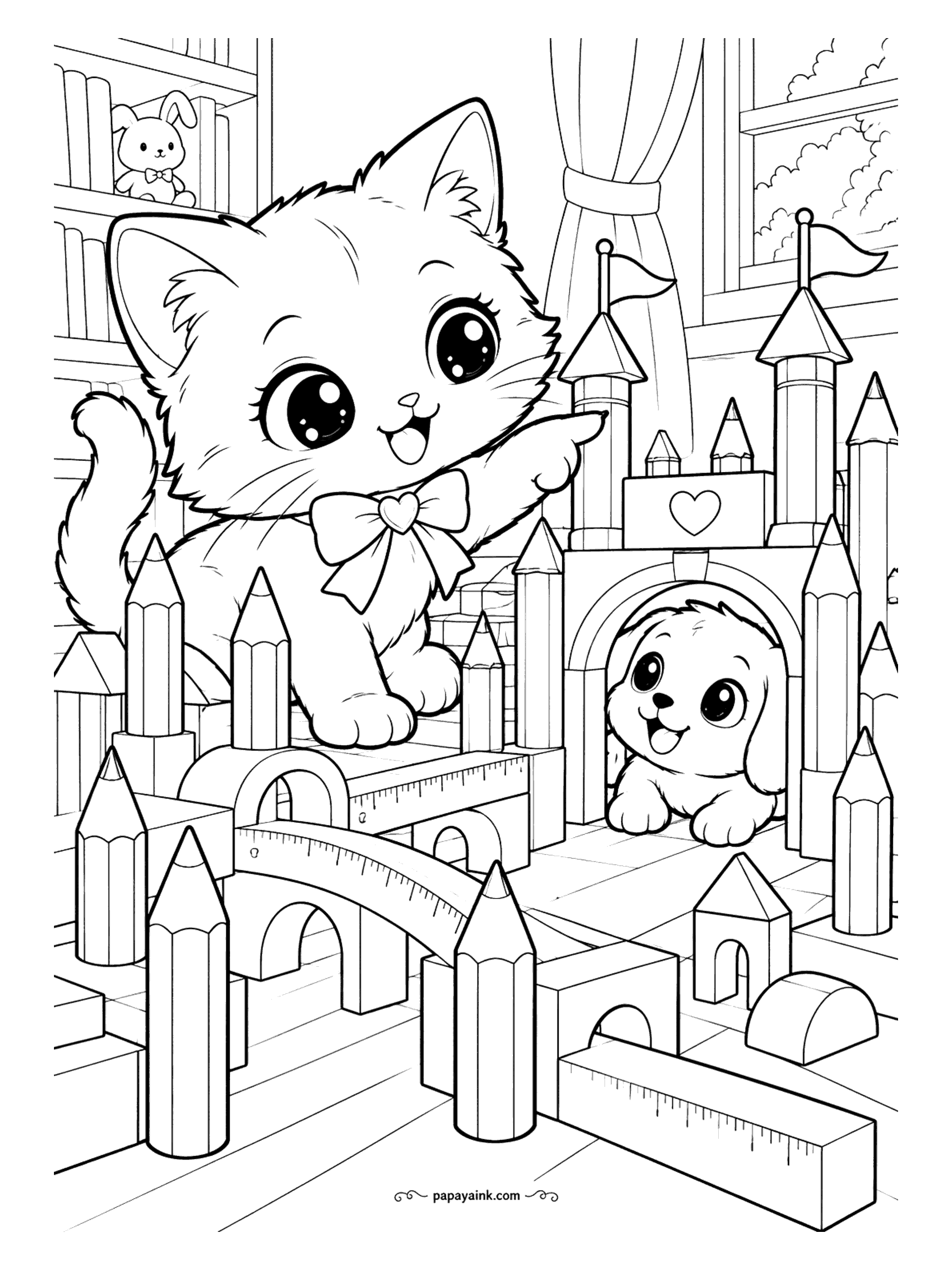 Kawaii Cat Coloring Pages - Proud kitten in a heart bow pointing across a playroom castle built from pencils, rulers and wooden blocks as a puppy peeks out of the arched gate - give every pencil tower its own color.