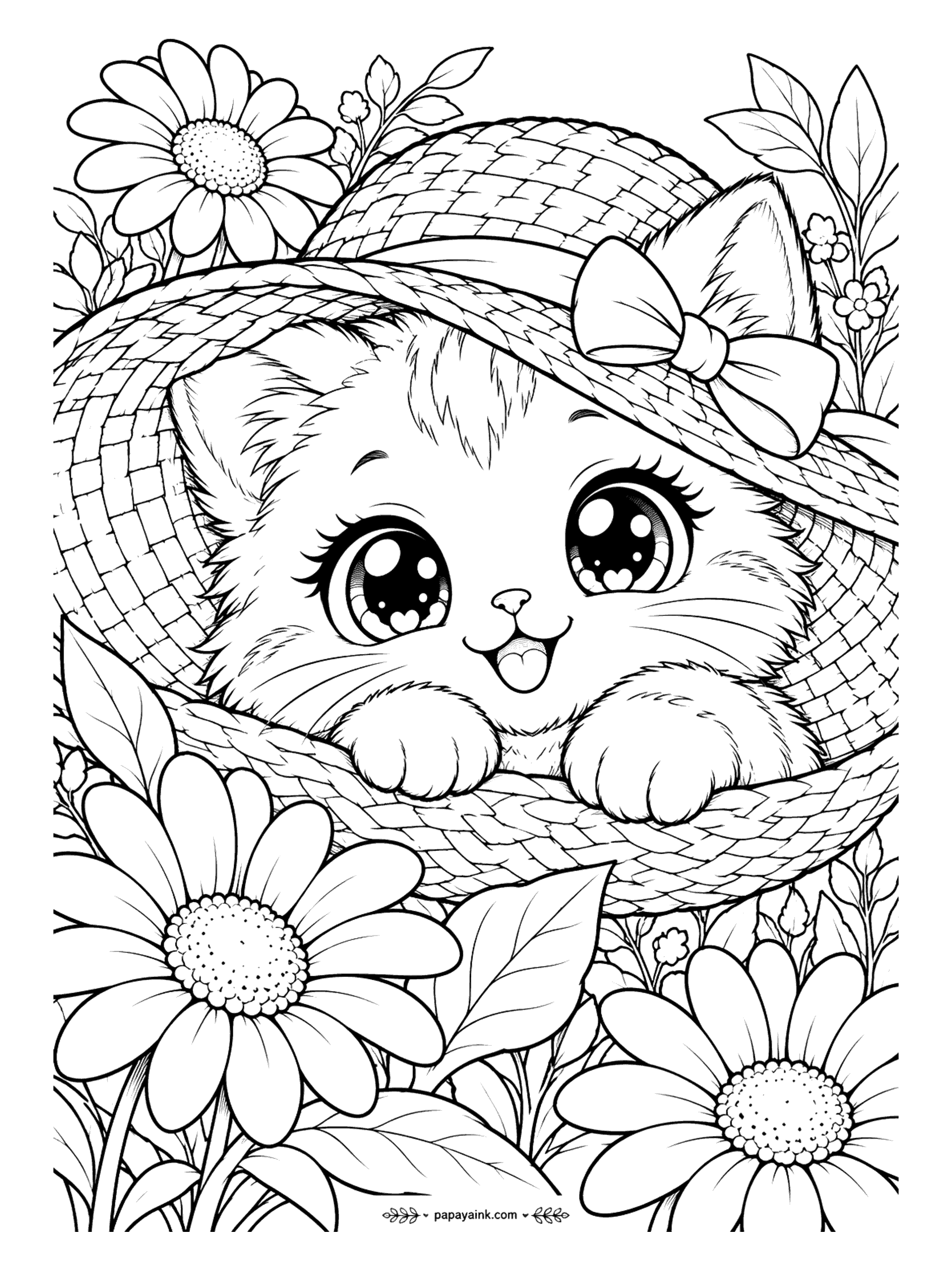 Kawaii Cat Coloring Pages - Sweet kitten peeking out from under a woven straw sun hat with a big bow, framed by oversized daisies - the basket-weave brim is lovely in warm honey tones. Detailed.