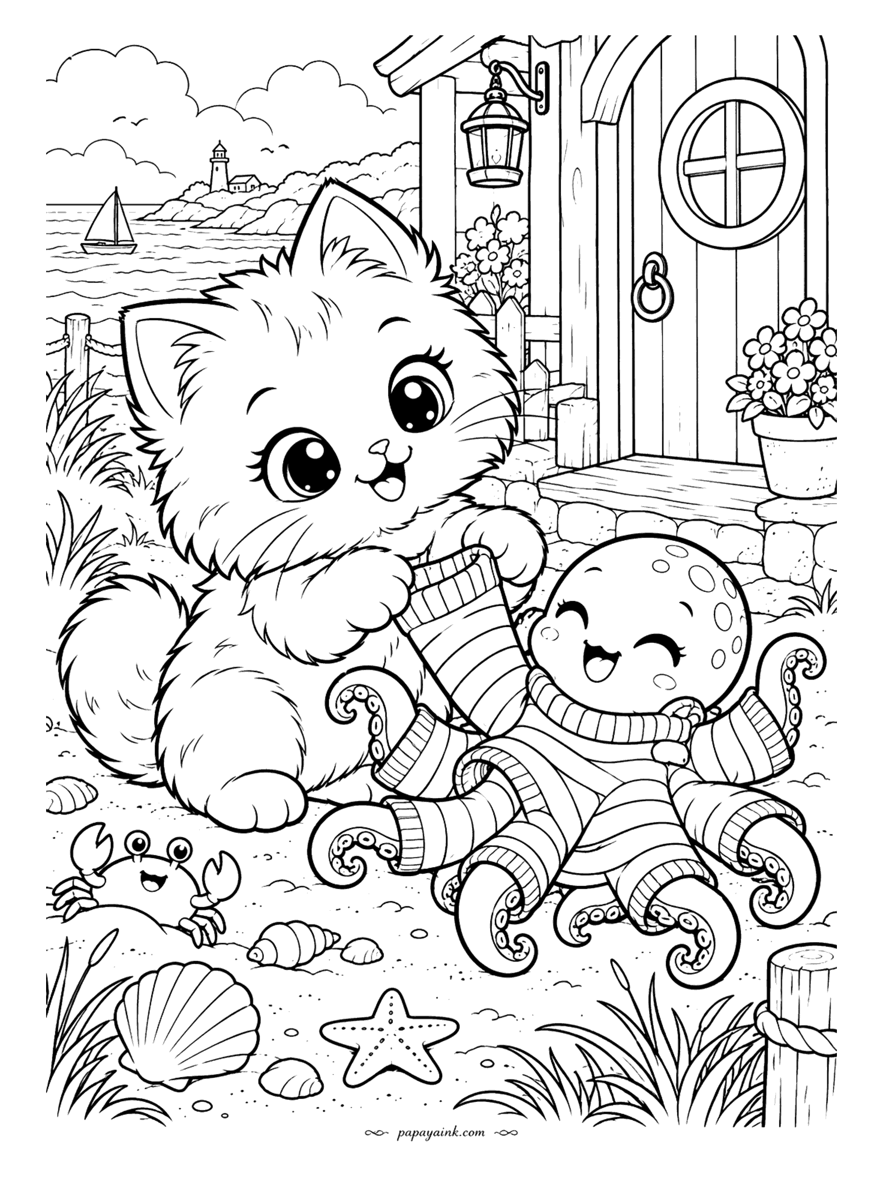 Kawaii Cat Coloring Pages - Kitten outside a seaside cottage pulling a striped sock onto a giggling baby octopus already wearing a matching sweater, with a crab, seashells and a lighthouse on the shore.