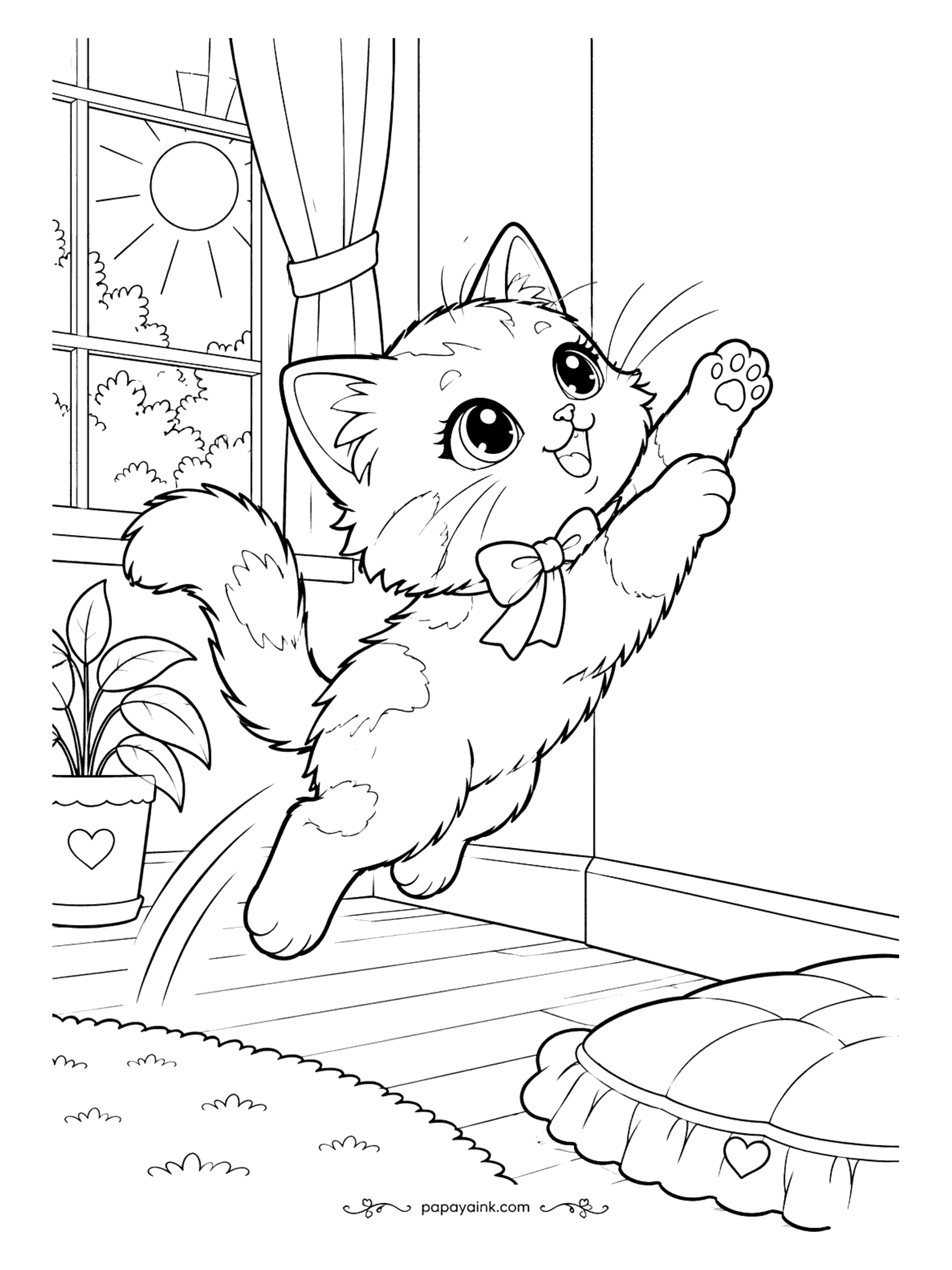 Kawaii Cat Coloring Pages - Airborne kitten leaping for joy by a sunny window, one paw stretched toward the light, with a heart flower pot and a ruffled cushion ready for the landing.