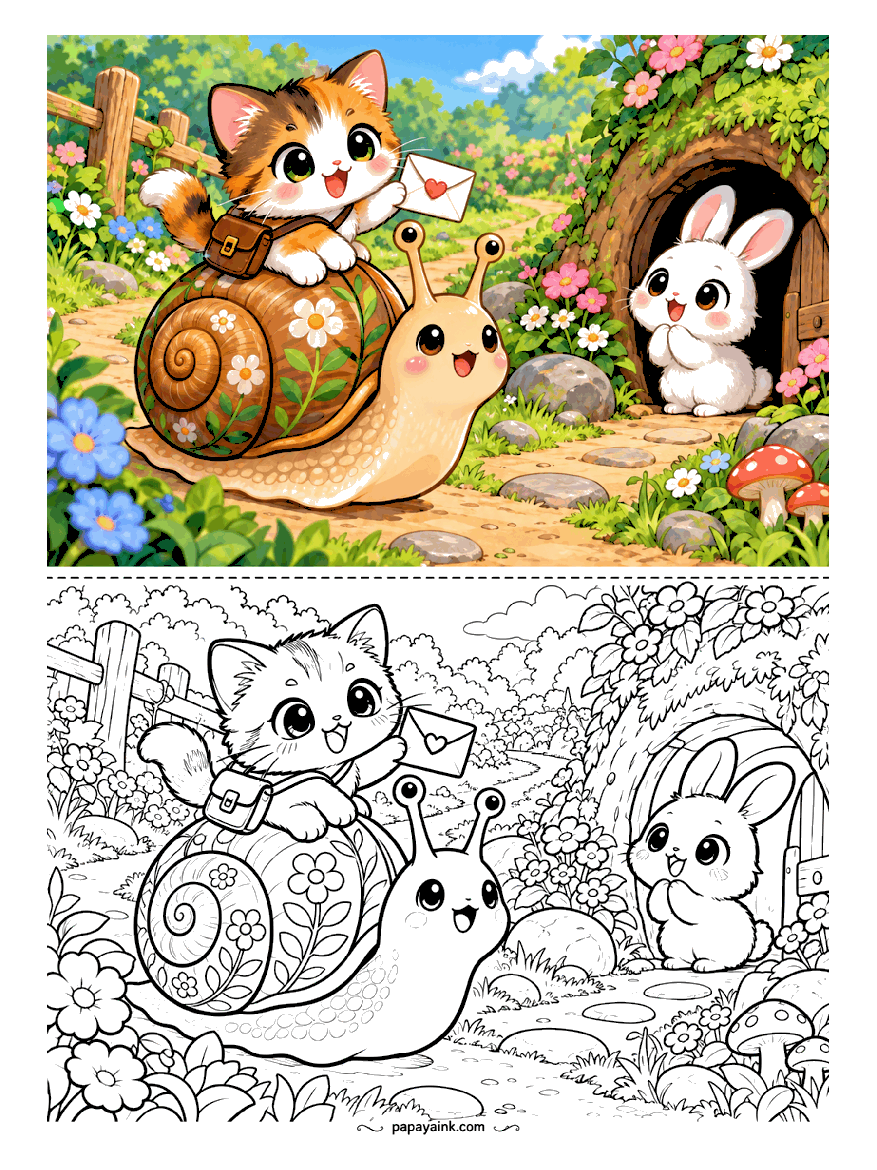Kawaii Cat Coloring Pages - Calico mail carrier with a satchel riding a flower-painted snail down a garden path to deliver a heart letter to a bunny waiting at its burrow. Detailed.