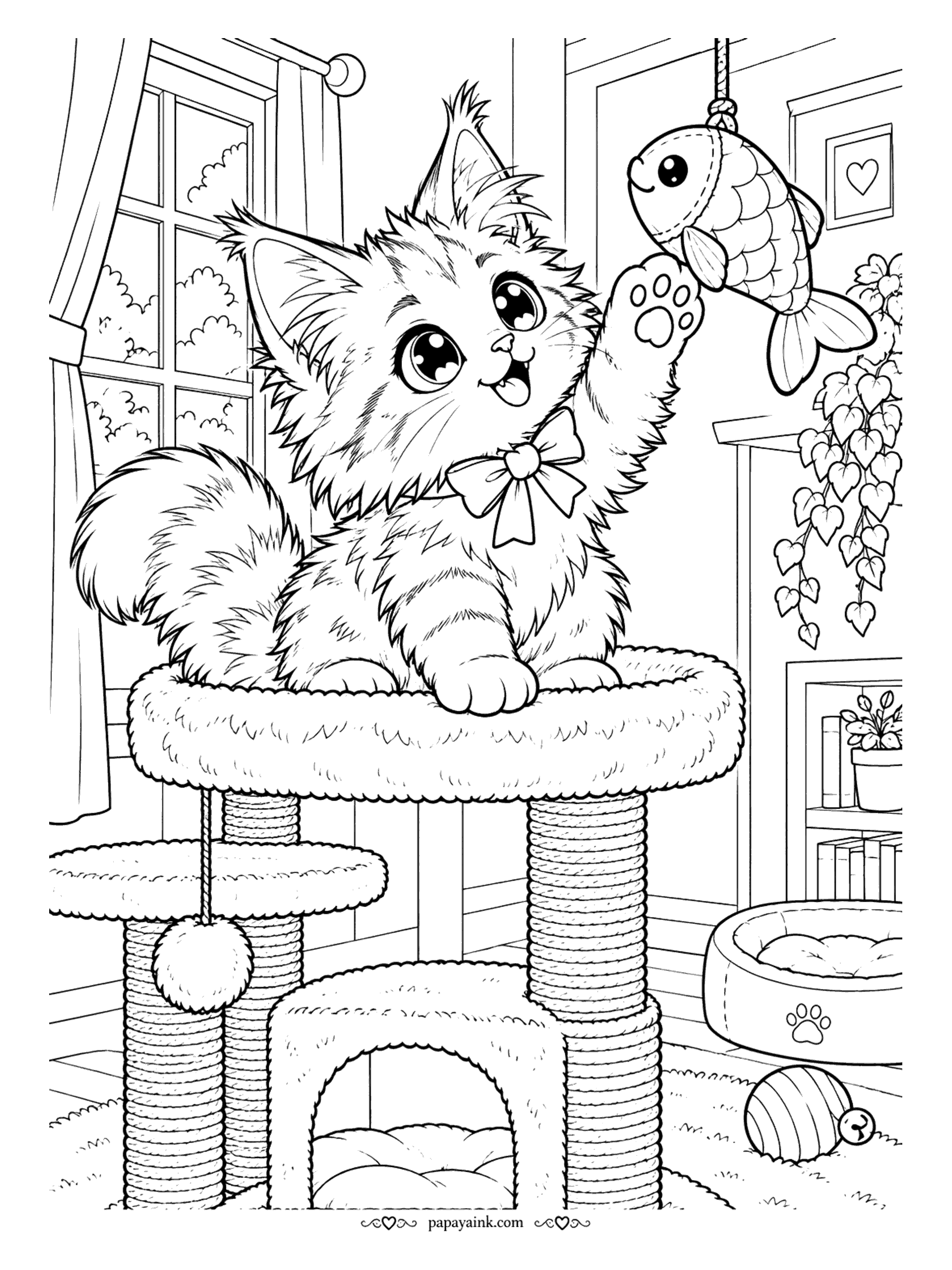 Kawaii Cat Coloring Pages - Fluffy kitten perched on top of a carpeted cat tree, batting at a stuffed toy fish on a string above sisal-wrapped posts and a snug hideaway. Detailed.