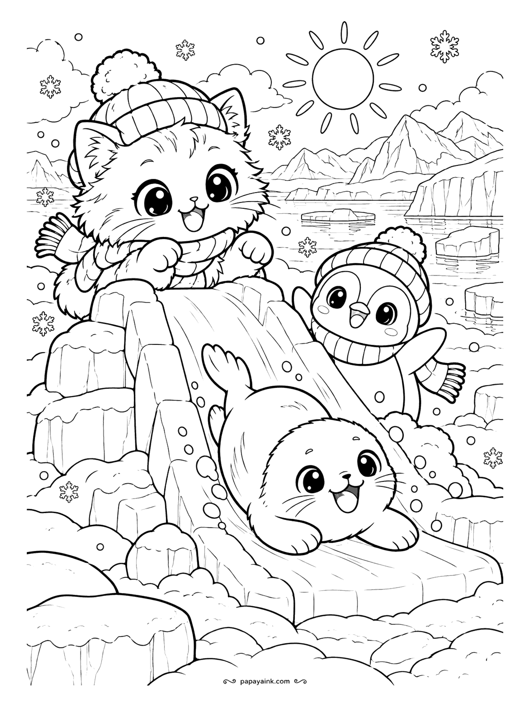Kawaii Cat Coloring Pages - Kitten in a pom-pom hat cheering at the top of an ice slide as a baby seal whooshes down and a penguin in a matching scarf waves, icebergs floating behind them.