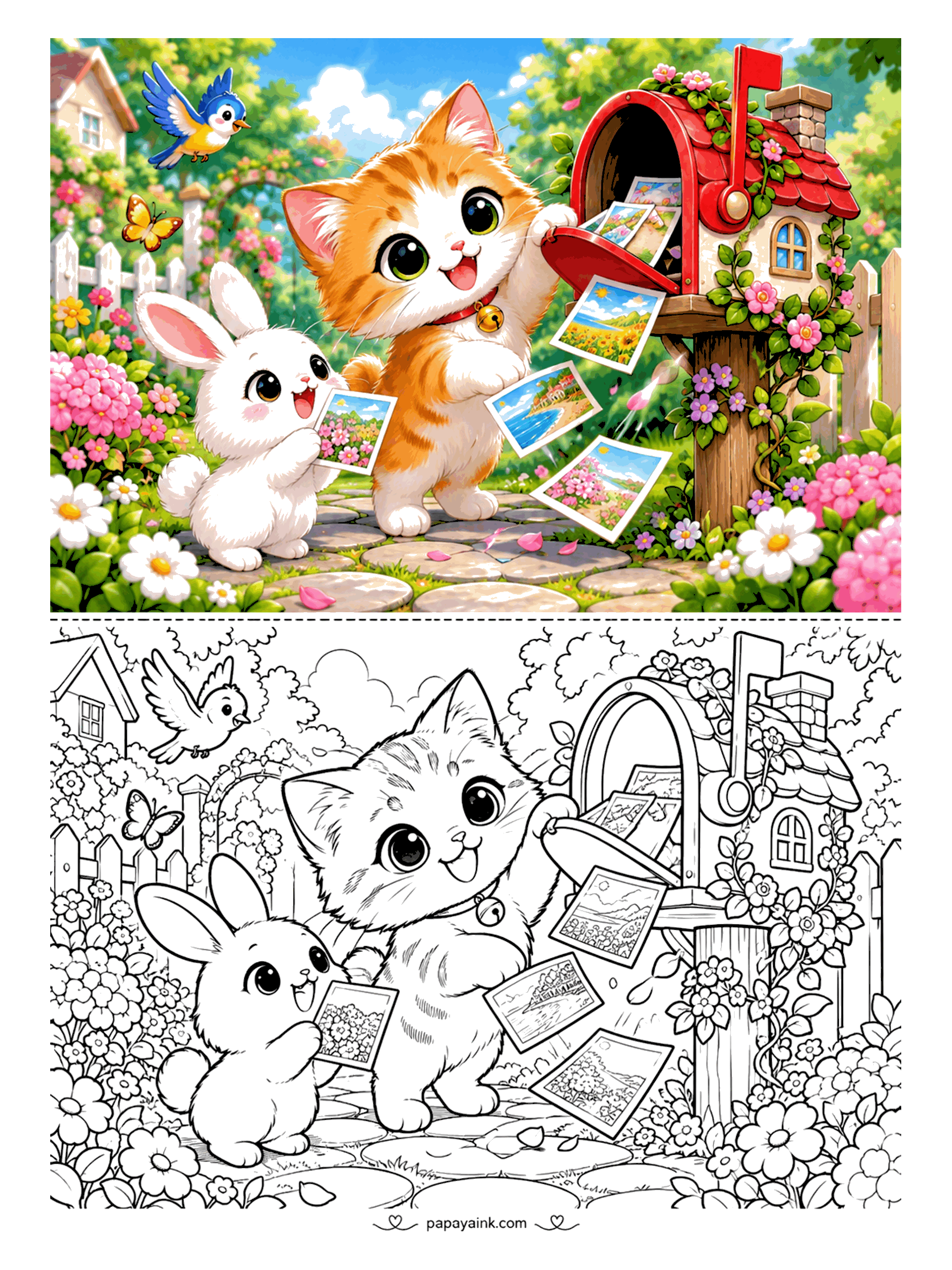 Kawaii Cat Coloring Pages - Ginger kitten with a bell collar pulling a flurry of postcards from a cottage-shaped mailbox as a bunny admires one, surrounded by blooms, a bluebird and a butterfly. Detailed.