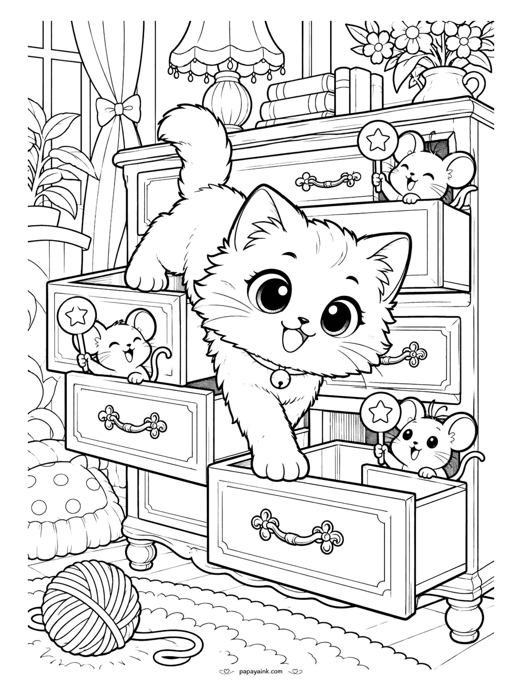 Kawaii Cat Coloring Pages - Playful kitten with a bell collar climbing through the open drawers of an antique dresser while mice with star wands pop out of every drawer - the carved handles and fringed lamp reward fine detail.