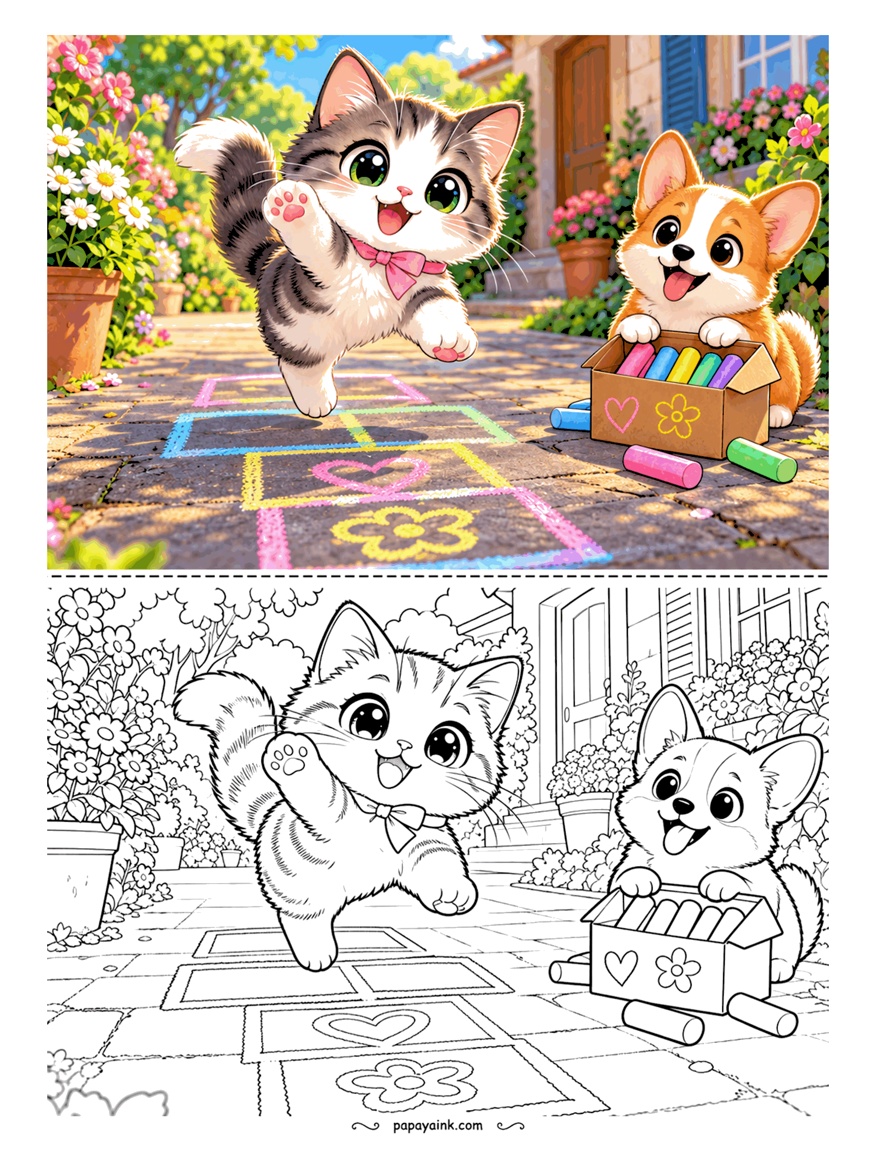 Kawaii Cat Coloring Pages - Bouncing kitten in a bow tie hopping through a chalk hopscotch court as a corgi guards the box of sidewalk chalk - the chalk squares are perfect for rainbow pastels.