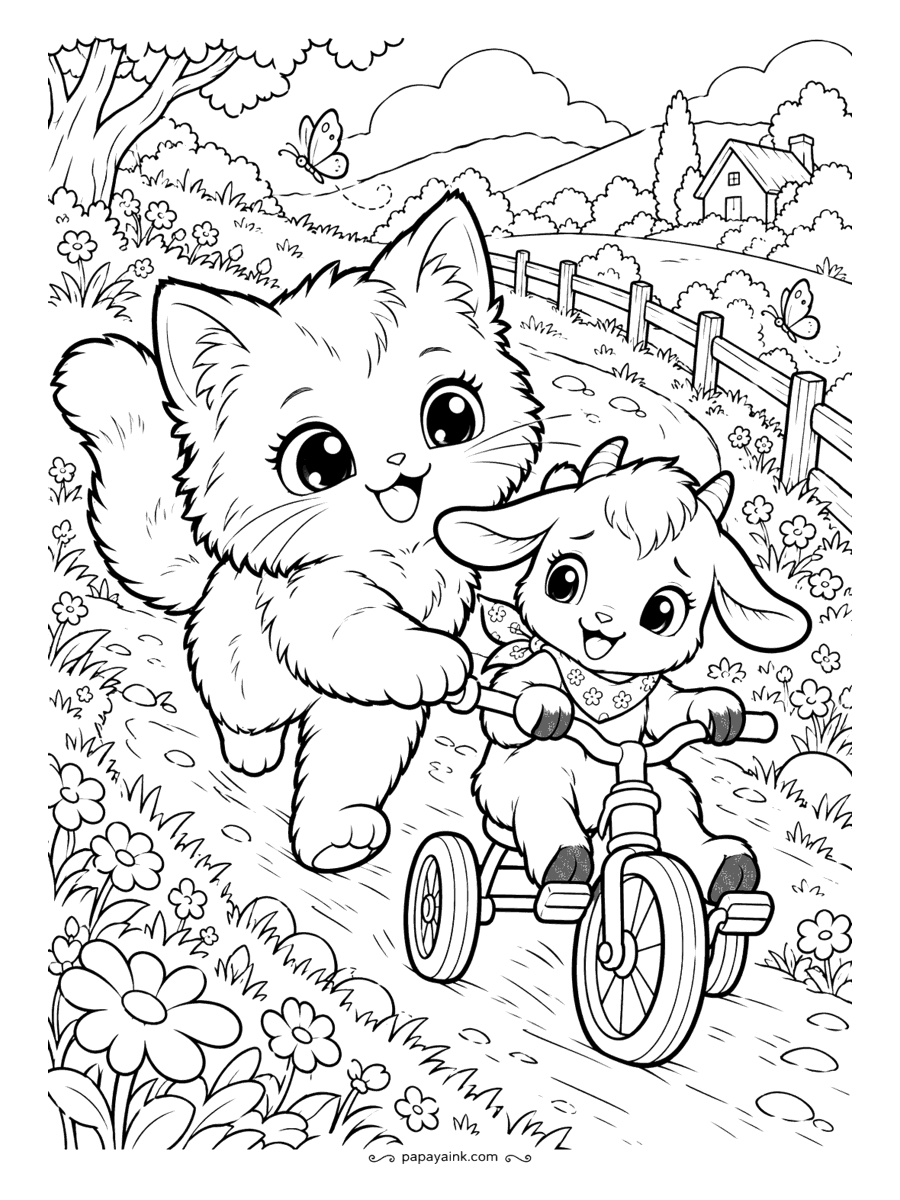 Kawaii Cat Coloring Pages - Cheerful kitten running alongside a baby goat in a flowered bandana, steadying its tricycle down a country lane past a wooden fence and a farmhouse.
