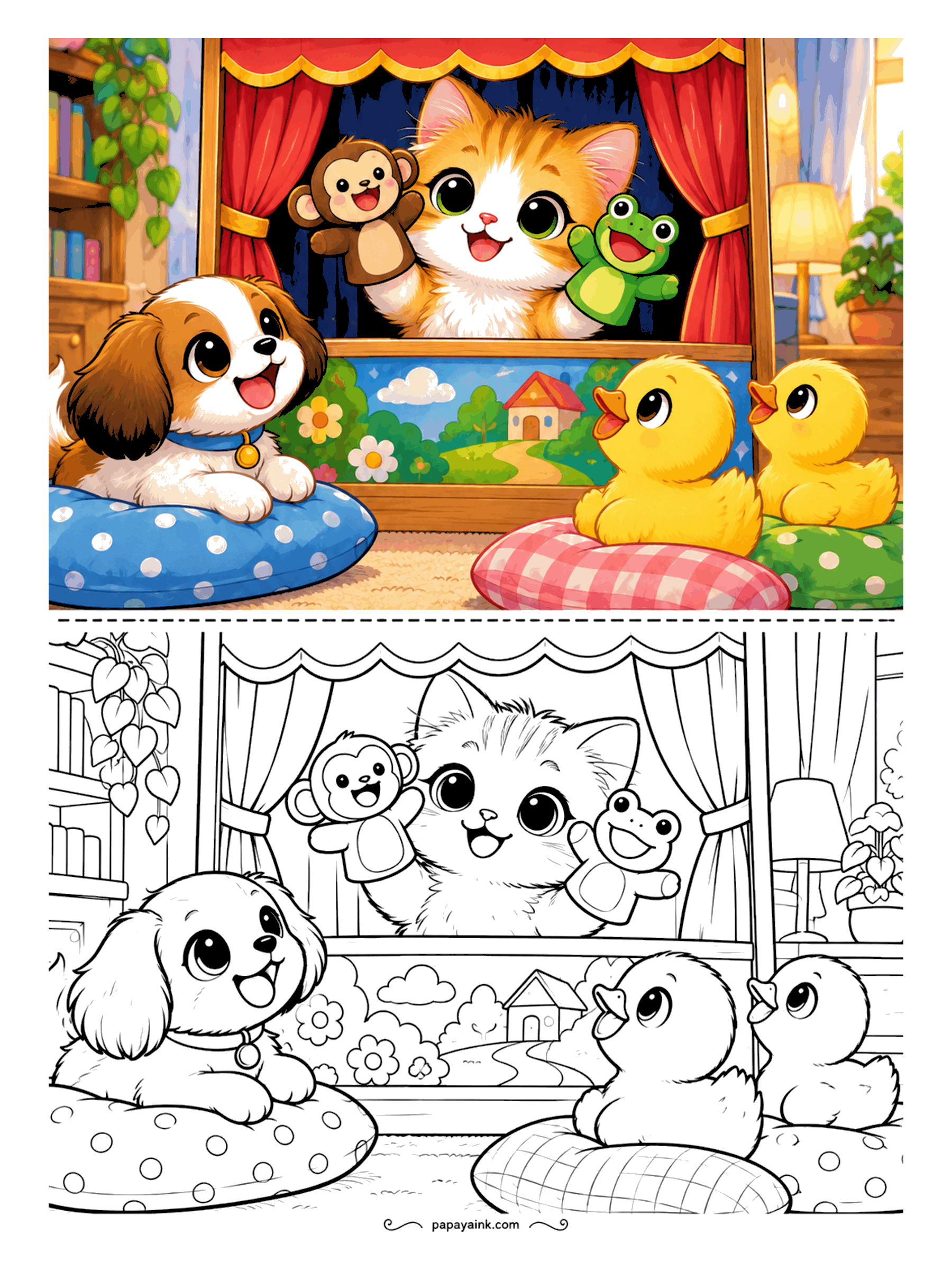 Kawaii Cat Coloring Pages - Showtime kitten behind a curtained puppet stage with a monkey and a frog on its paws, playing to an audience of a puppy and a pair of ducklings on floor cushions.