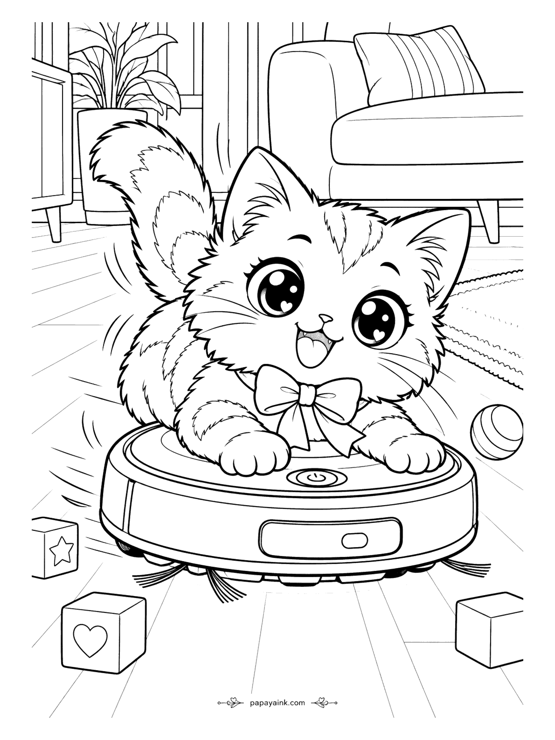 Kawaii Cat Coloring Pages - Excited kitten in a big bow tie riding a robot vacuum across the living room past toy blocks and a ball - a scene every cat owner will recognize.