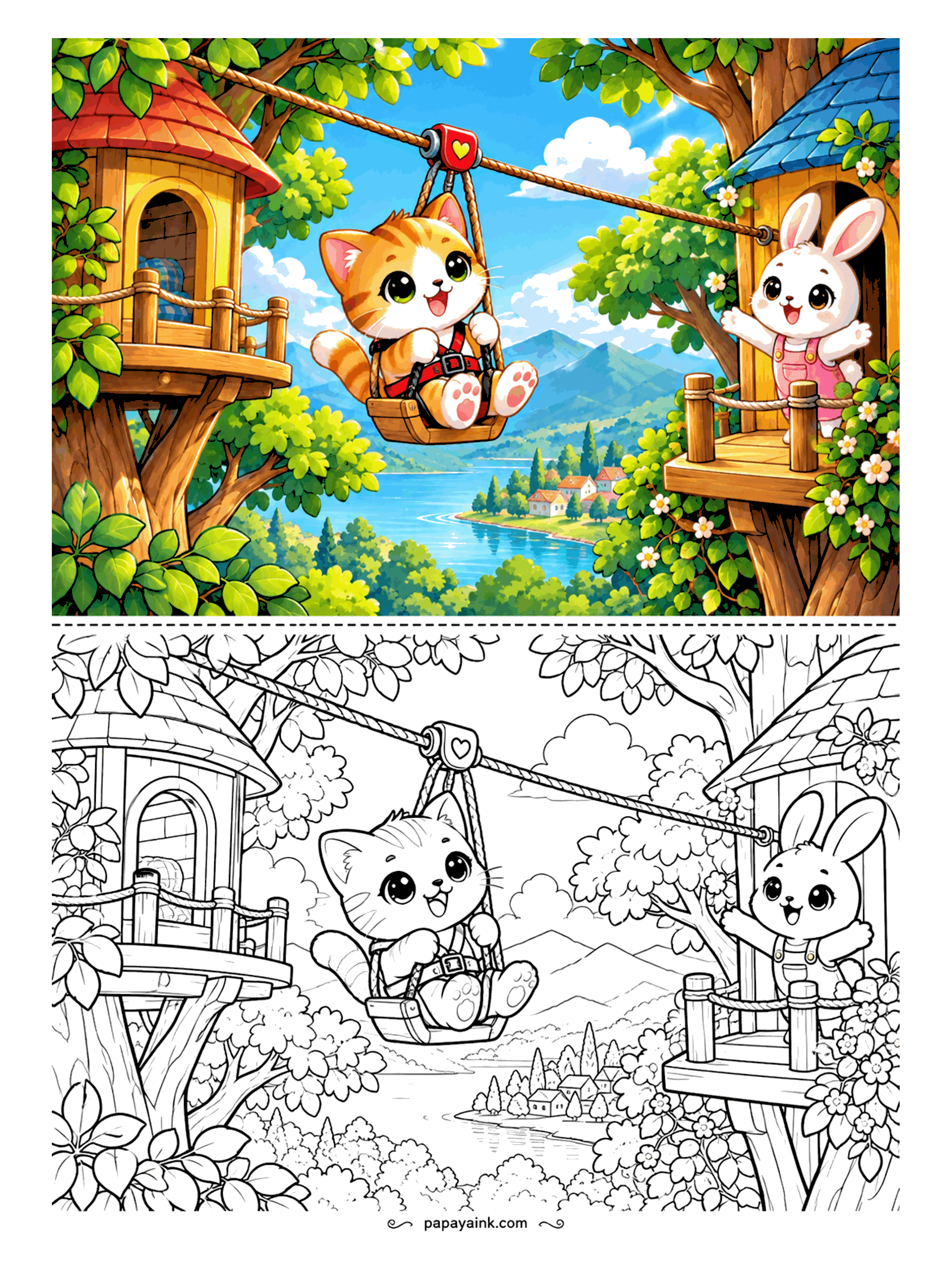 Kawaii Cat Coloring Pages - Brave kitten in a harness zipping between treehouses on a little wooden seat, a bunny in overalls cheering from the porch and a lakeside village far below. Detailed.