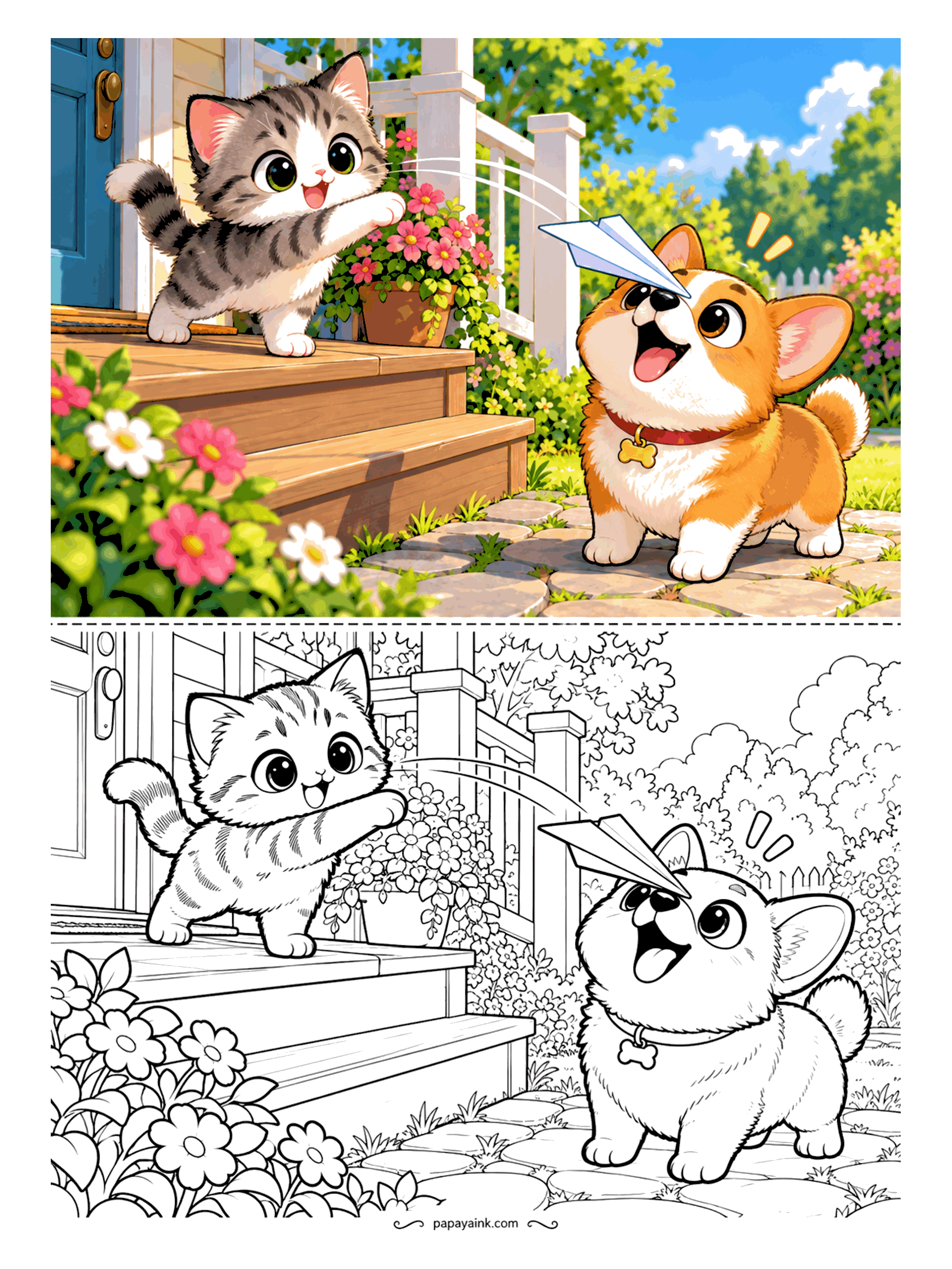 Kawaii Cat Coloring Pages - Tabby kitten on the porch steps sending a paper plane gliding straight onto the nose of a delighted corgi, with flower pots and a leafy yard behind them.