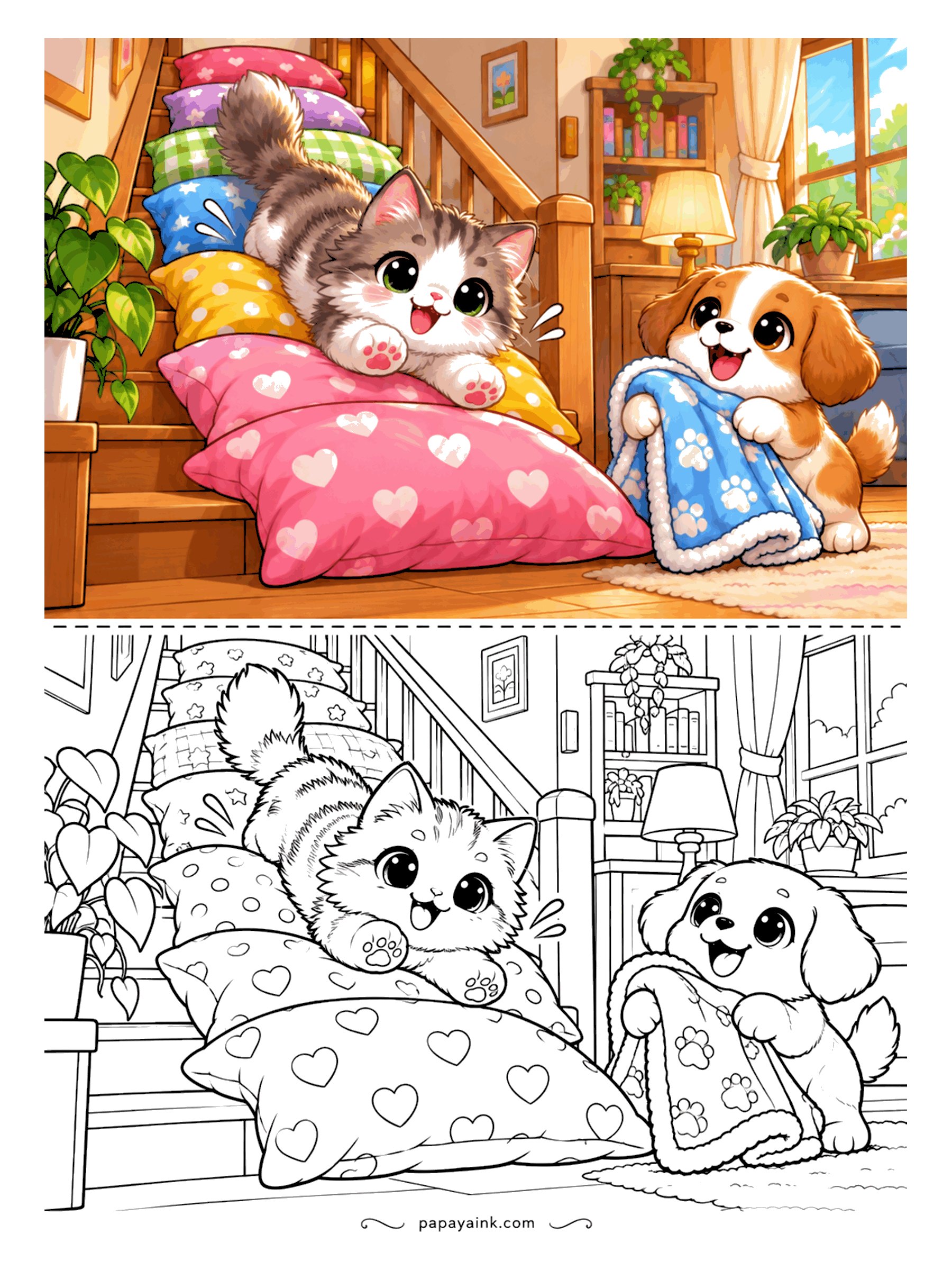 Kawaii Cat Coloring Pages - Giggling kitten sliding down a tower of patterned pillows stacked on the stairs as a puppy drags over a paw-print blanket for a softer landing.