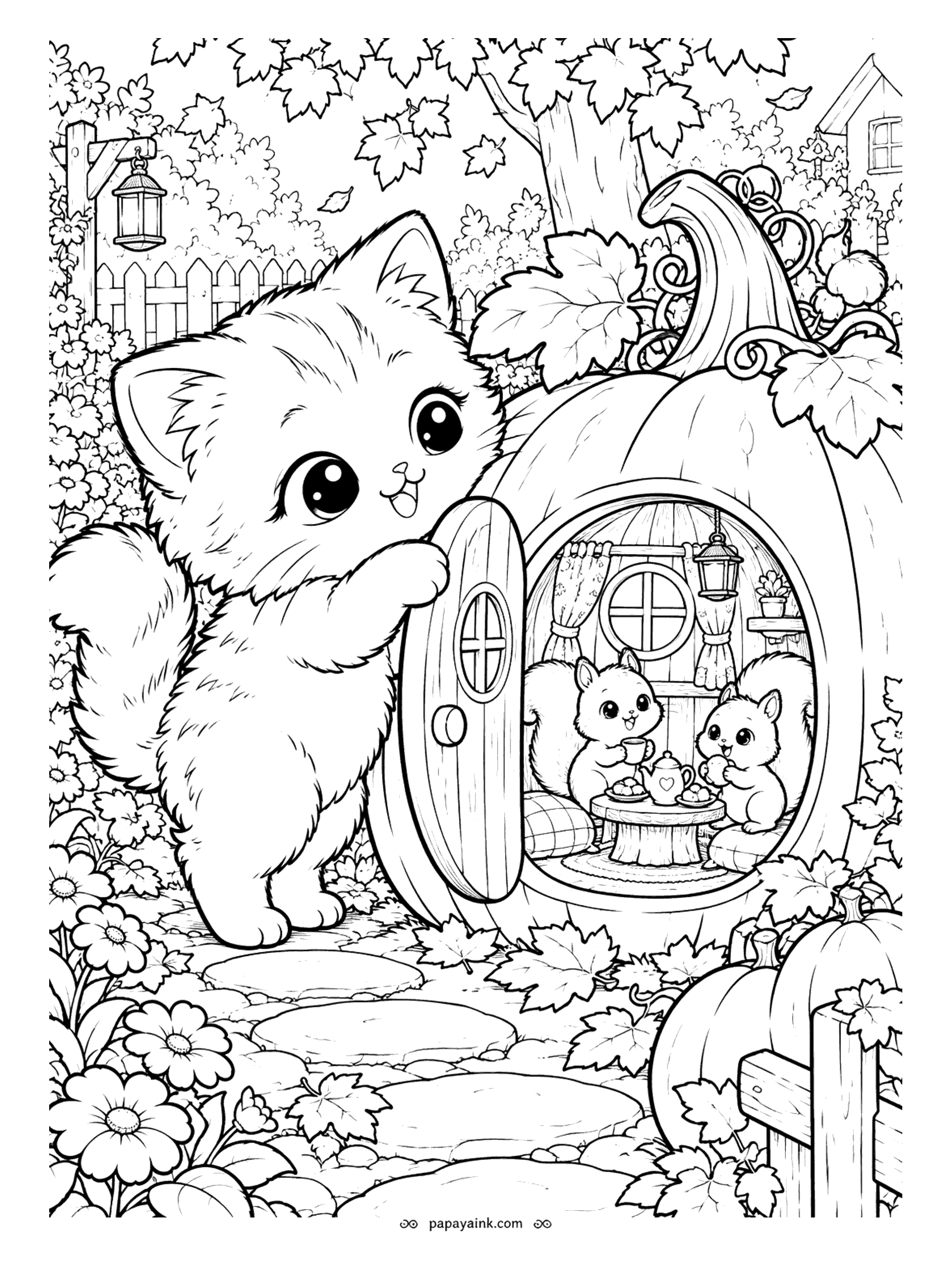 Kawaii Cat Coloring Pages - Kitten opening the round door of a pumpkin cottage to find two squirrels sharing tea inside, surrounded by autumn leaves, a lantern and stepping stones. Detailed.