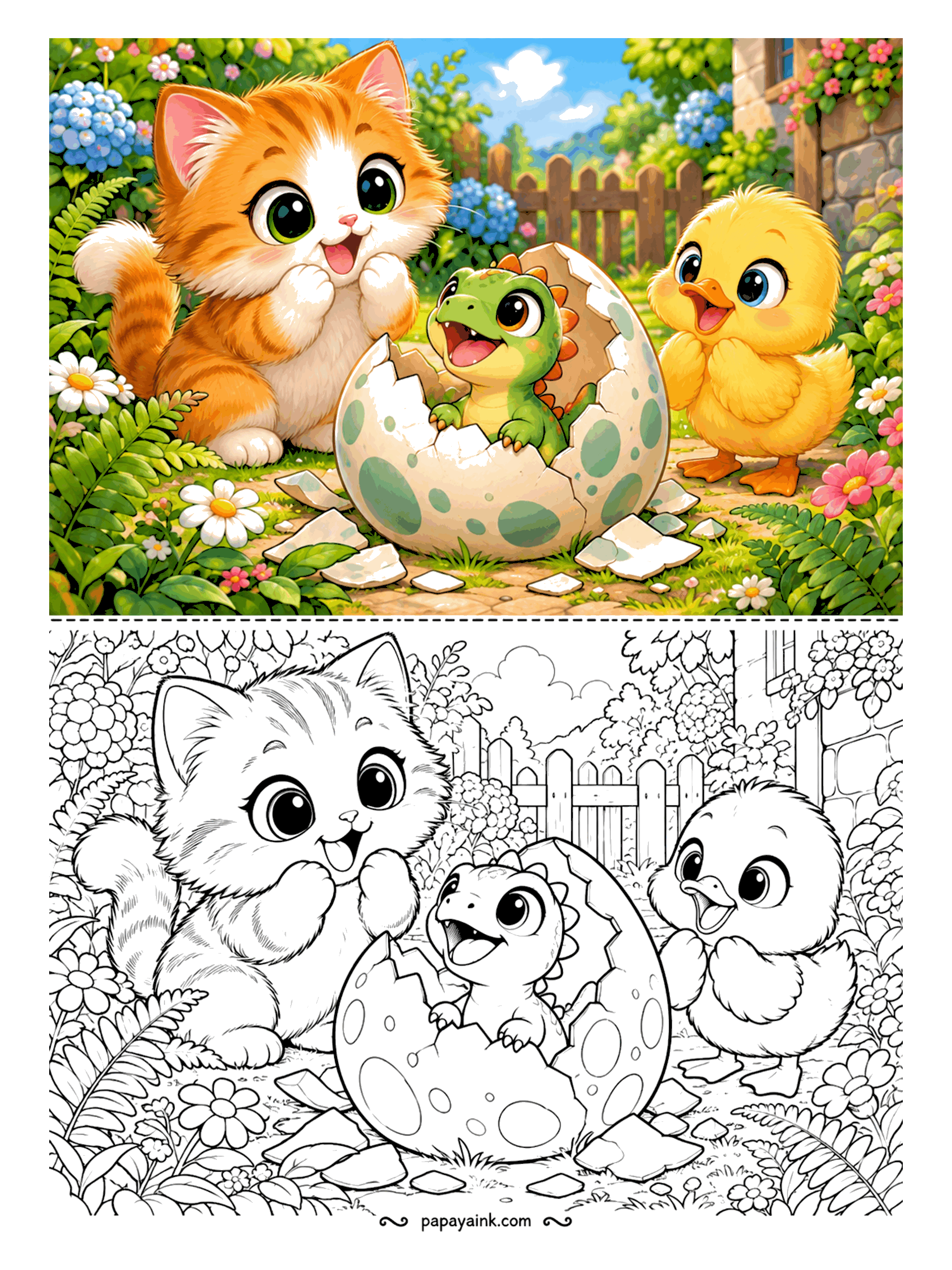 Kawaii Cat Coloring Pages - Amazed kitten and duckling watching a baby dinosaur pop out of a spotted egg in a flower garden, shell pieces scattered on the path. Detailed.