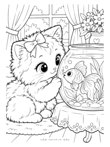 Kawaii Cat Coloring Pages - Kawaii cat pressing a paw to a round fishbowl as a fancy-tailed goldfish puckers up on the other side of the glass, with a lace tablecloth and a heart vase of flowers close by. Detailed.