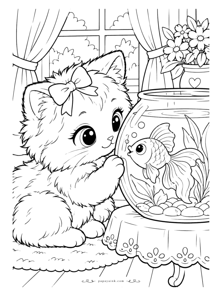 Kawaii Cat Coloring Pages - Kawaii cat pressing a paw to a round fishbowl as a fancy-tailed goldfish puckers up on the other side of the glass, with a lace tablecloth and a heart vase of flowers close by. Detailed.