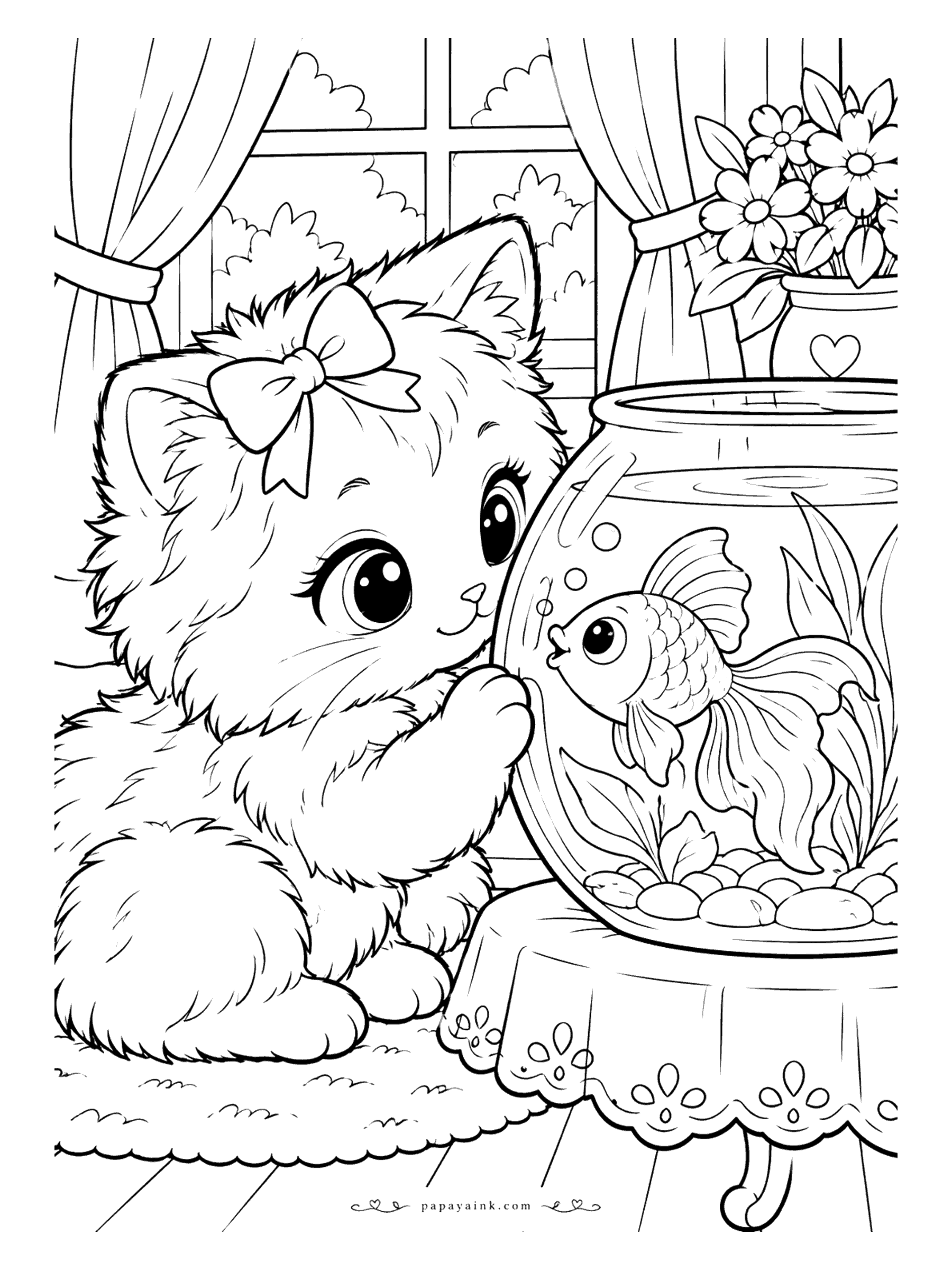 Kawaii Cat Coloring Pages - Kawaii cat pressing a paw to a round fishbowl as a fancy-tailed goldfish puckers up on the other side of the glass, with a lace tablecloth and a heart vase of flowers close by. Detailed.