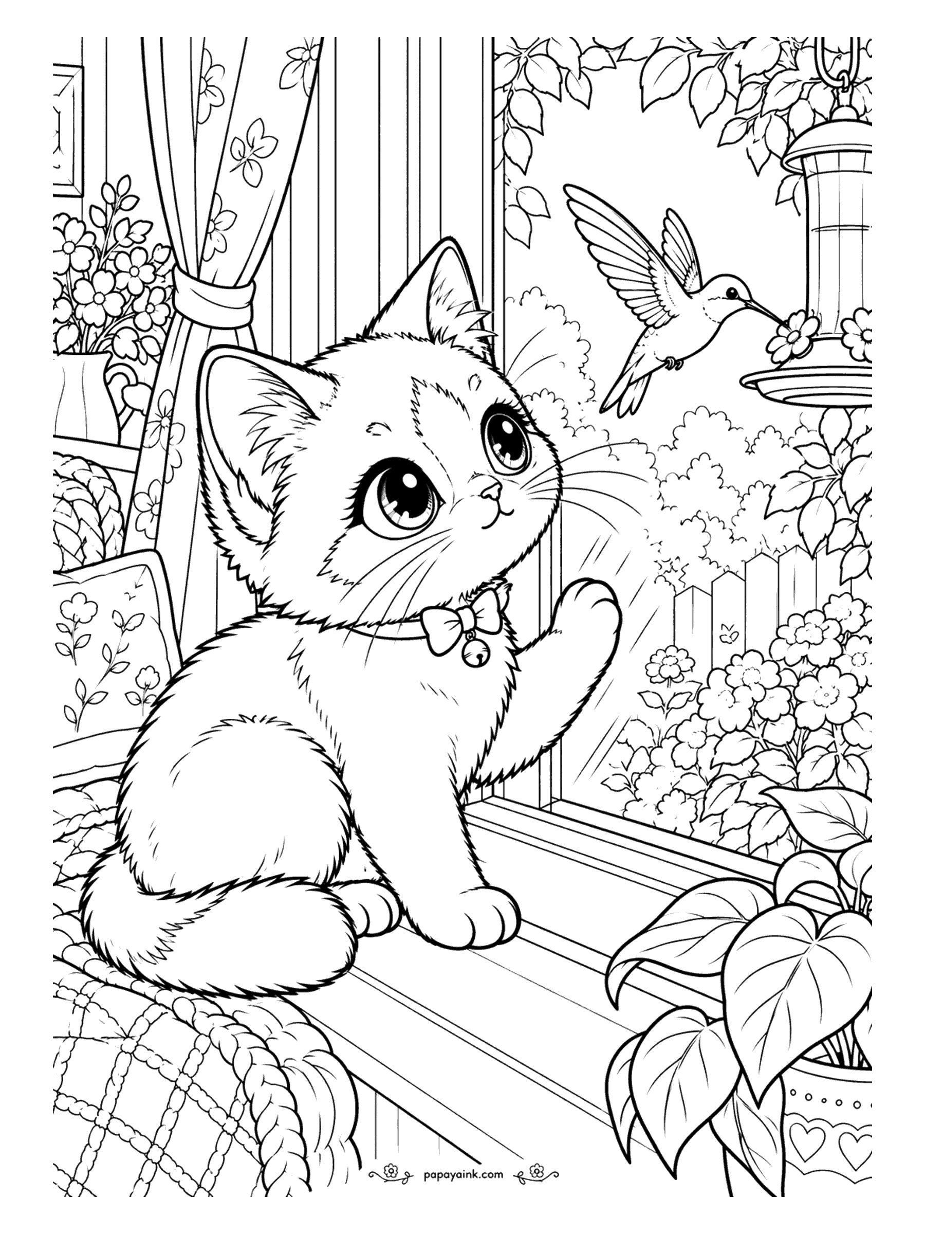 Kawaii Cat Coloring Pages - Curious kitten on a sunny windowsill, one paw raised toward a hummingbird sipping from a feeder in the flower garden outside. Detailed.