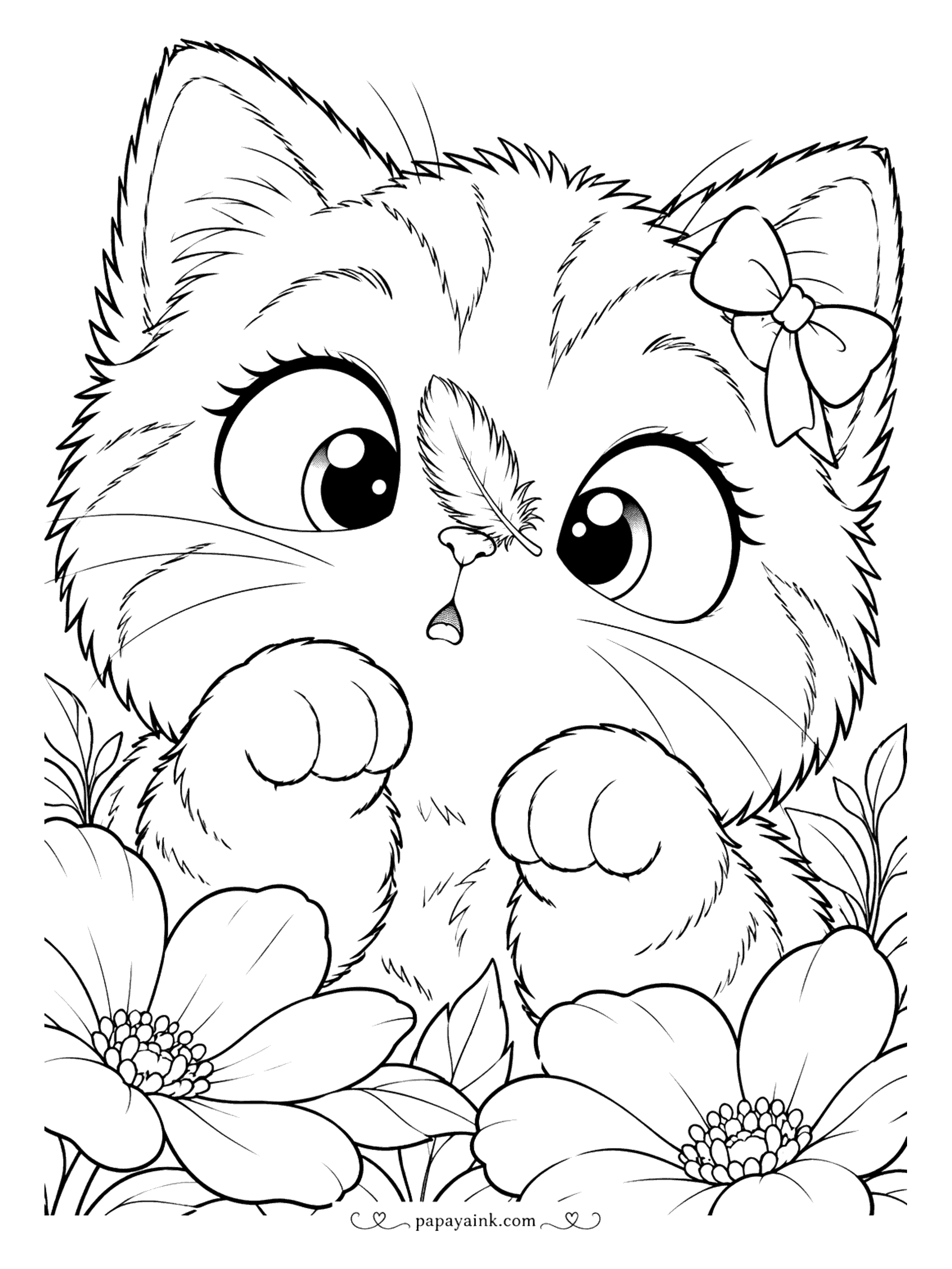 Kawaii Cat Coloring Pages - Cross-eyed kitten staring at a tiny feather that has landed on its nose, framed by big garden blooms - a close-up portrait with plenty of fluffy fur to shade.