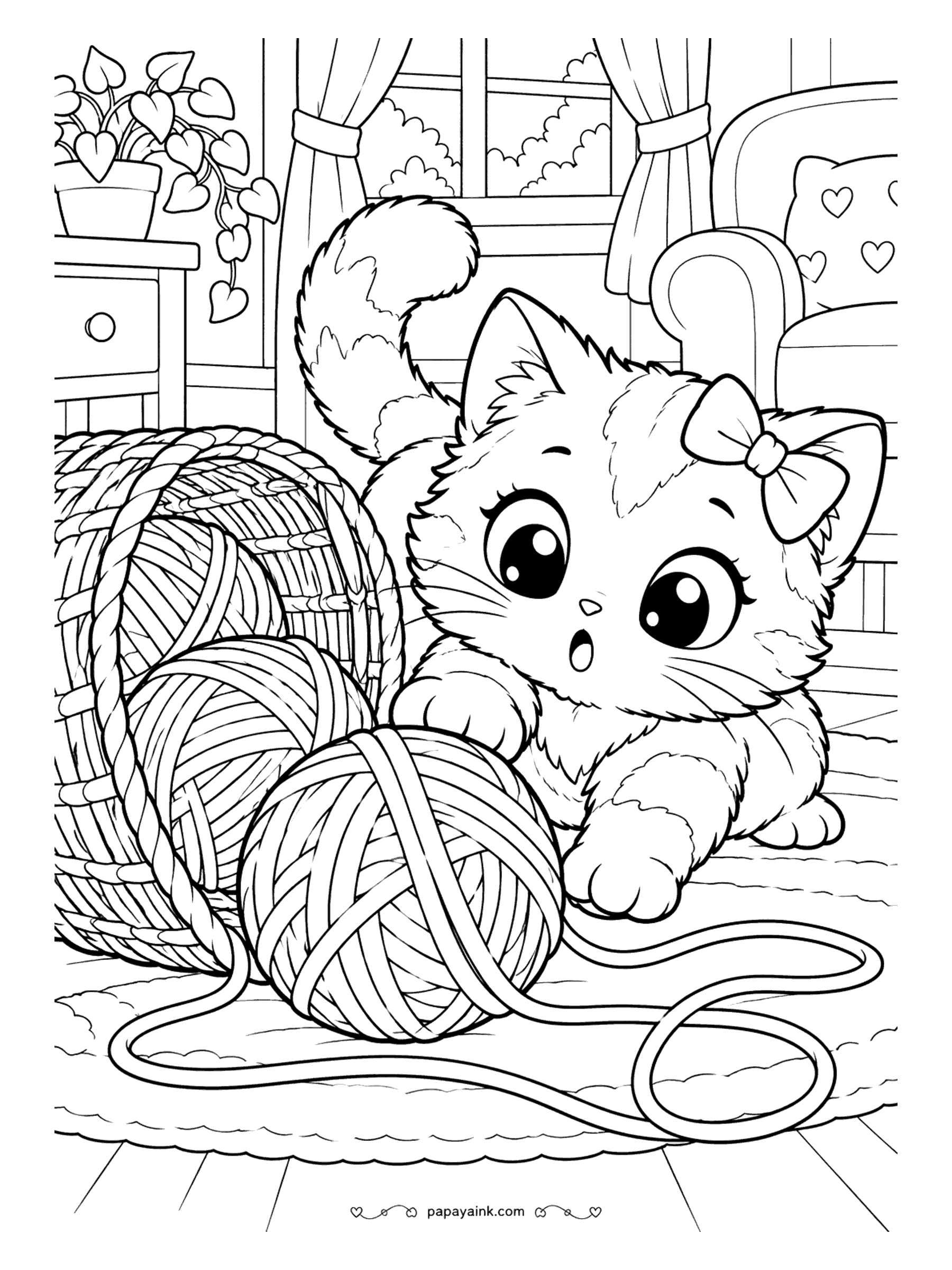 Kawaii Cat Coloring Pages - Startled kitten with a bow caught red-pawed on a runaway ball of yarn as more skeins tumble from a tipped wicker basket - give every ball its own color.