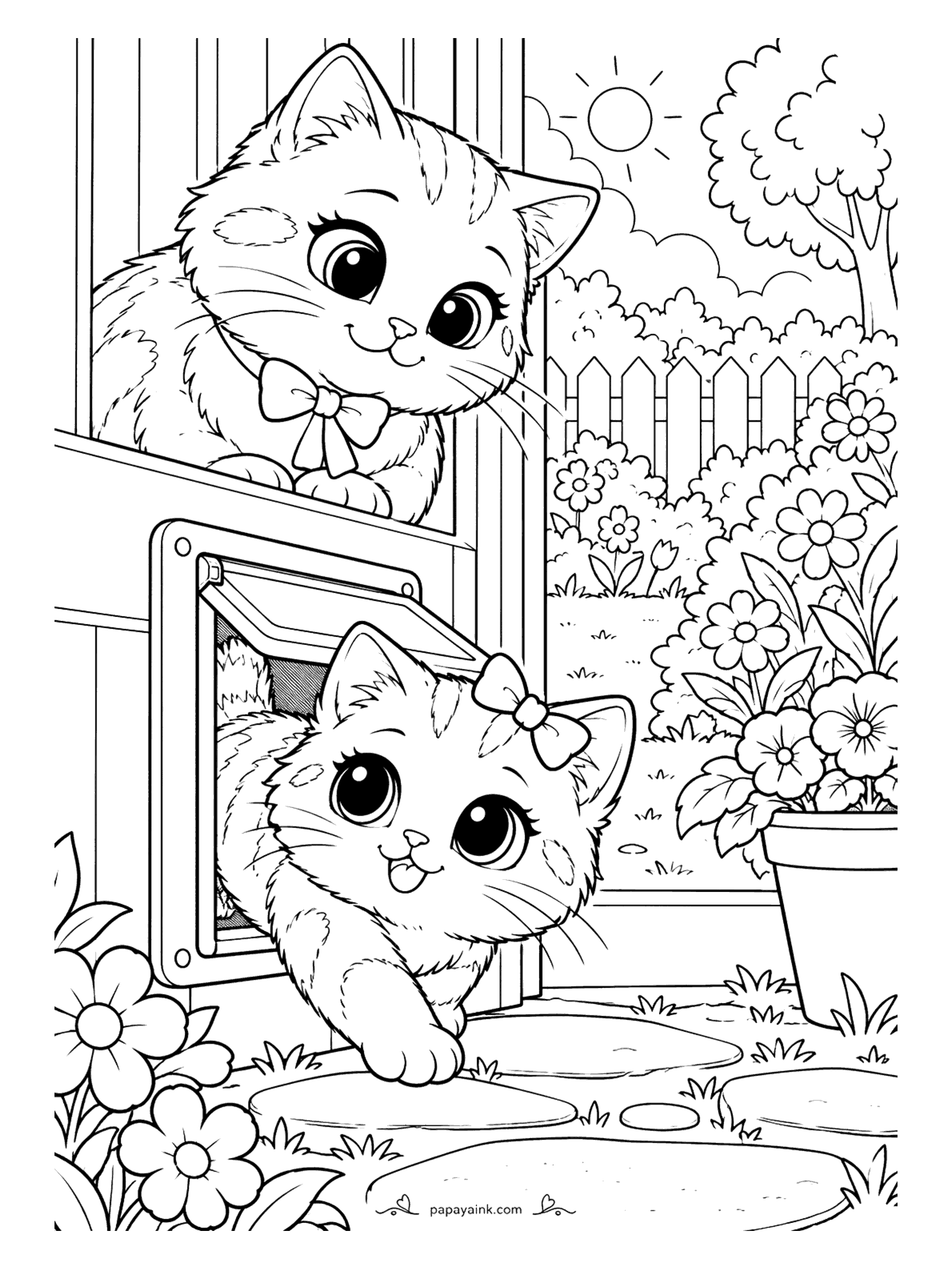 Kawaii Cat Coloring Pages - Kitten with a bow stepping out through a cat flap onto the garden path while its friend keeps watch from the window ledge above.