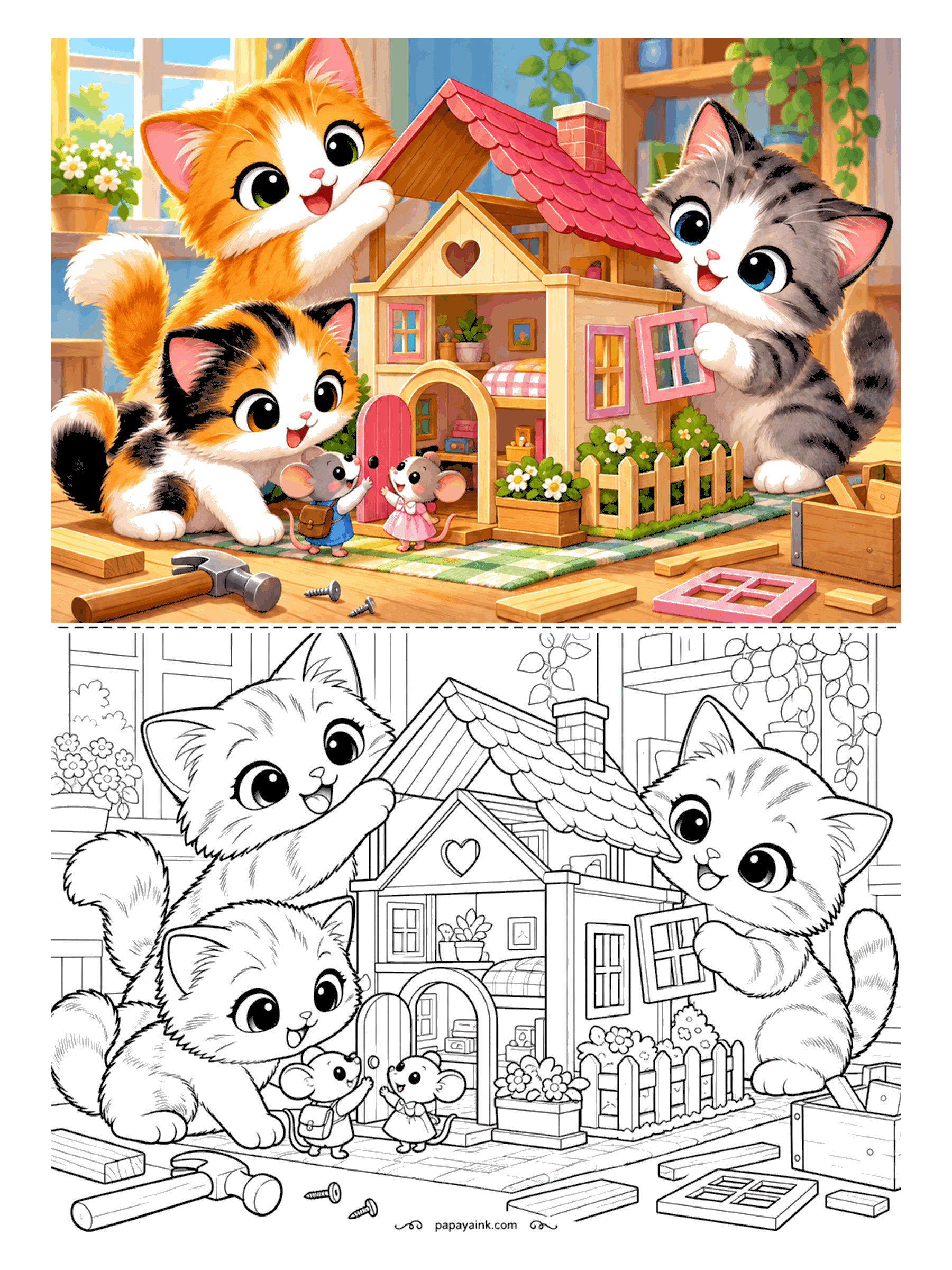Kawaii Cat Coloring Pages - A trio of kittens fitting the roof and windows onto a wooden dollhouse as a pair of little mice try out the front door - a sweet page for a calico, a ginger and a gray tabby. Detailed.