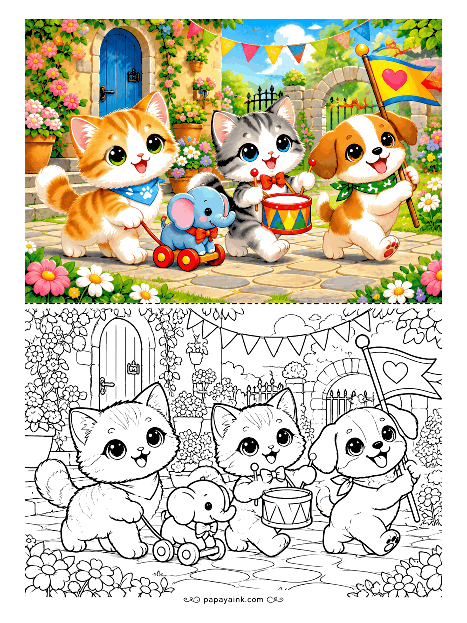 Kawaii Cat Coloring Pages - Garden parade of a kitten pulling a toy elephant on wheels, a drummer kitten and a flag-waving puppy marching under bunting past a blue garden door. Detailed.