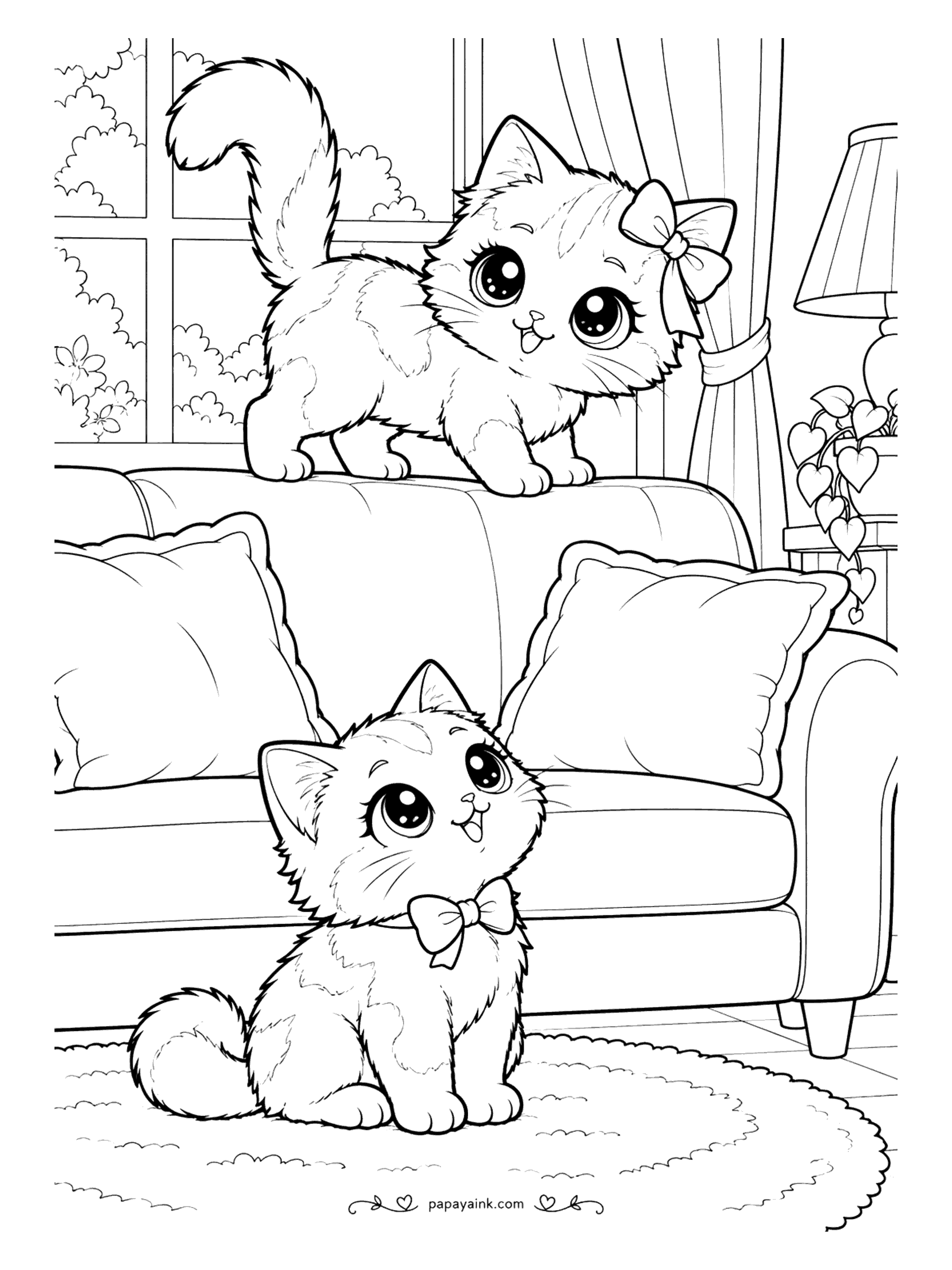 Kawaii Cat Coloring Pages - Adventurous kitten tiptoeing along the back of the sofa while a little friend in a bow tie looks up from the rug below - big, simple shapes for a relaxing session.