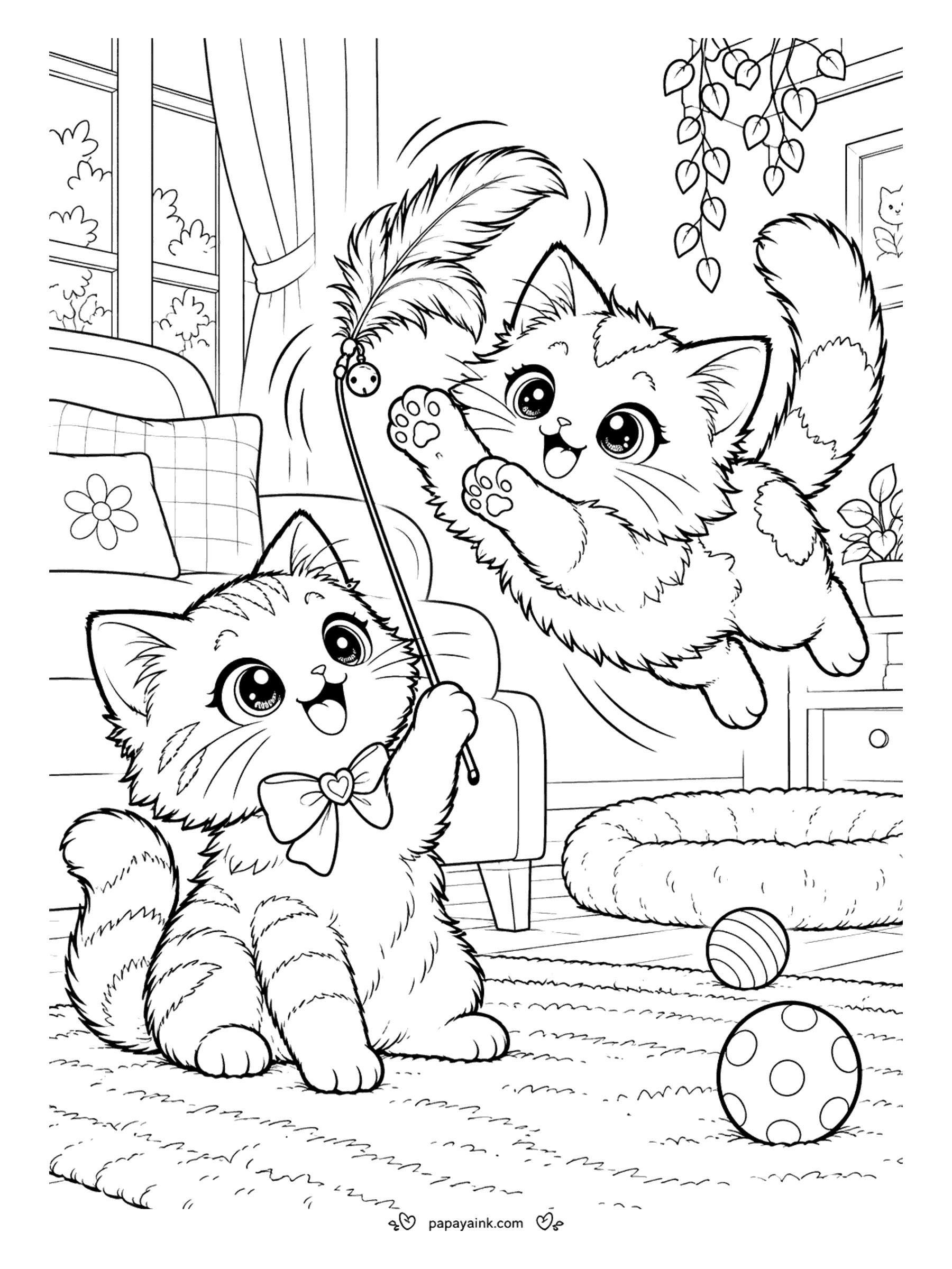 Kawaii Cat Coloring Pages - Tabby kitten waving a feather wand while its friend leaps high in the air to catch the feather, with a spotted ball and a round cat bed on the rug.