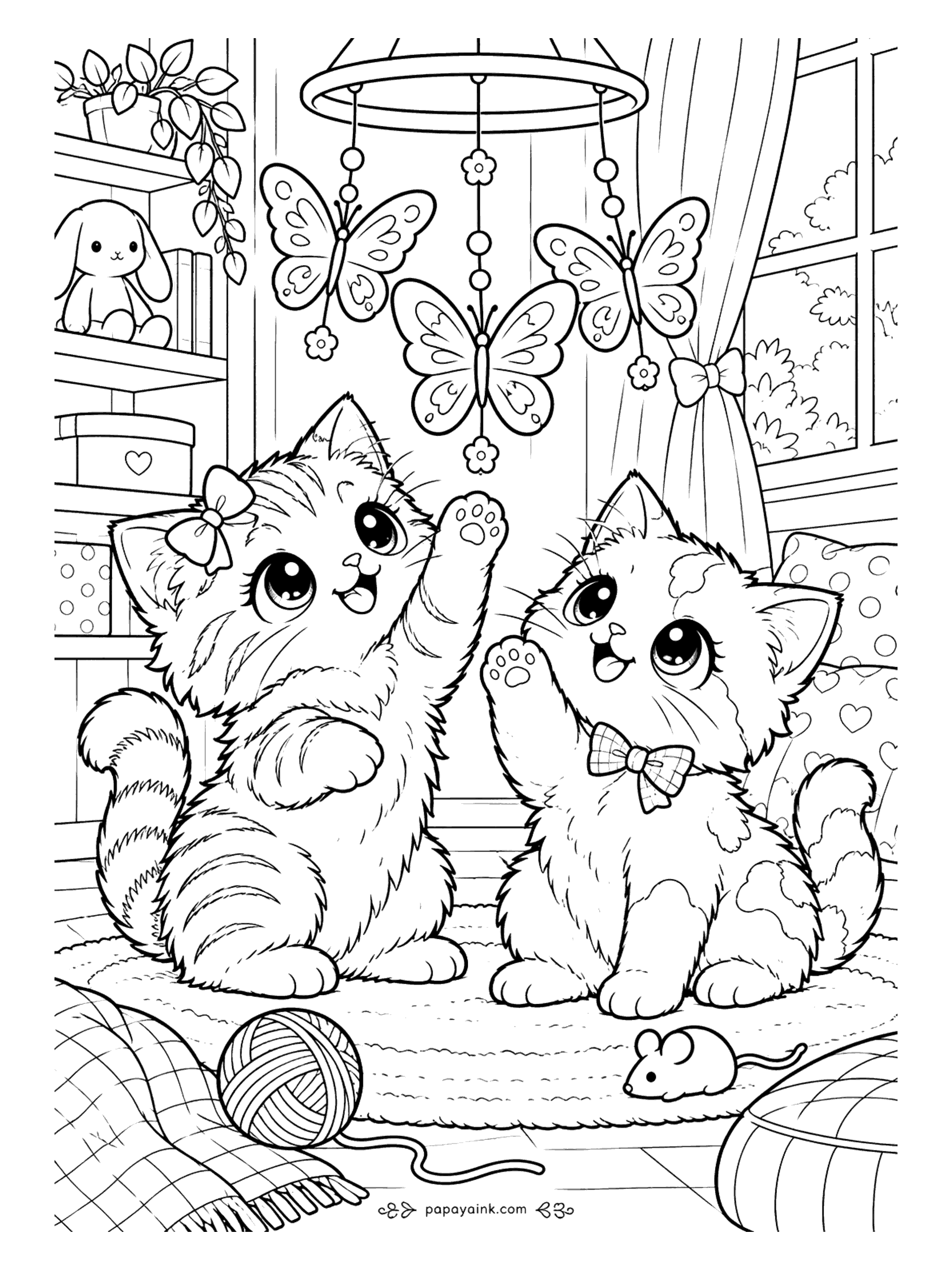 Kawaii Cat Coloring Pages - A pair of playful kittens, one with a bow and one in a bow tie, stretching up to swat a butterfly mobile in a cozy room, with a toy mouse and a ball of yarn on the rug.
