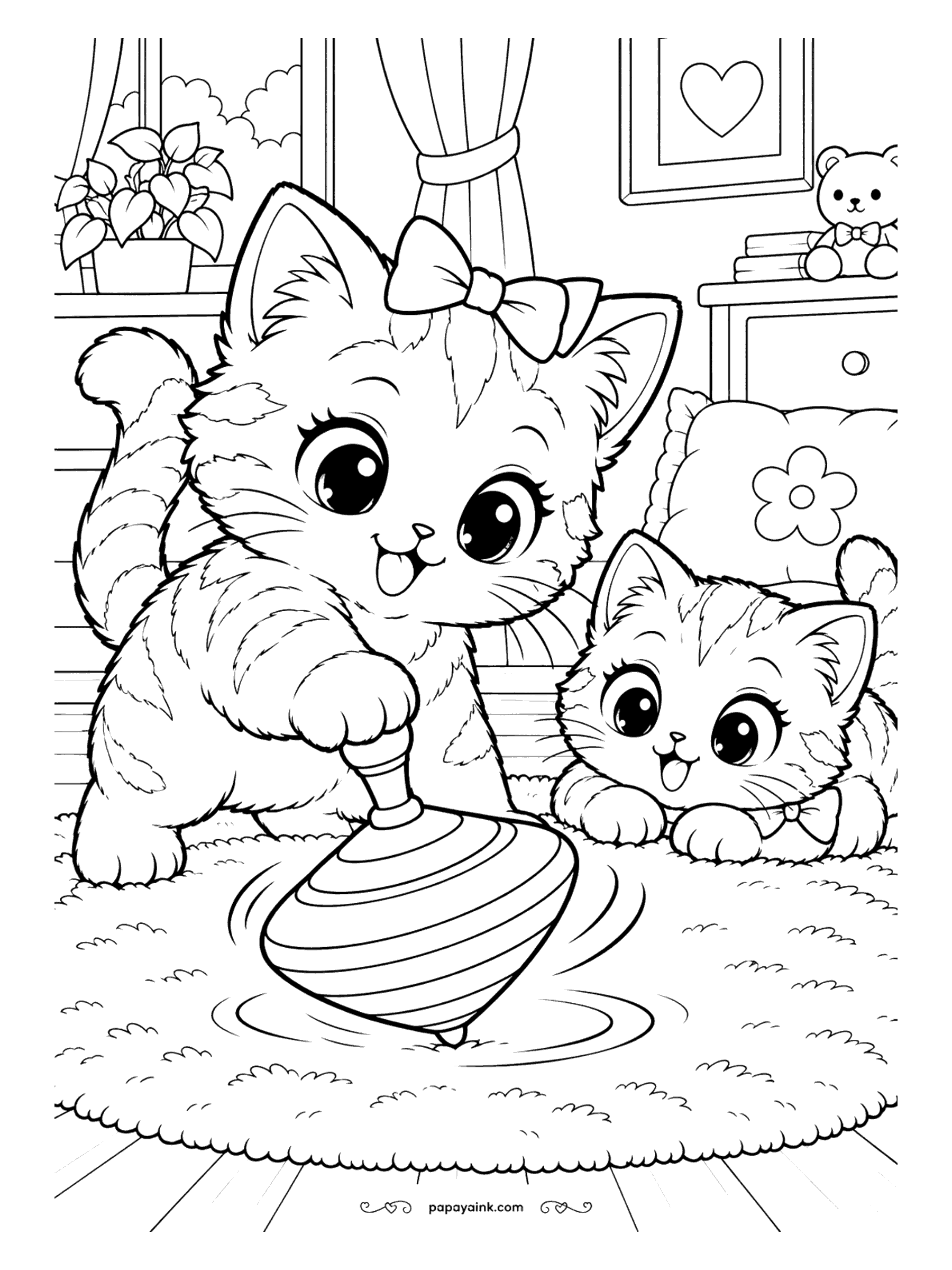 Kawaii Cat Coloring Pages - Playful kitten setting a striped spinning top in motion on a shaggy rug as its friend watches wide-eyed from the rug.