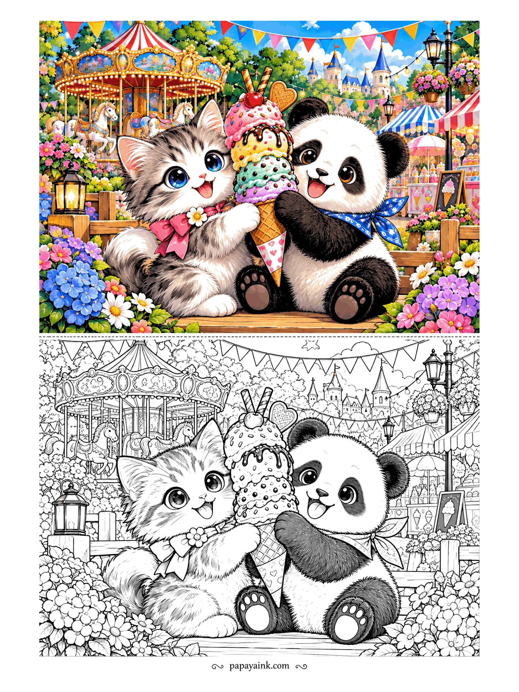 Cute Kawaii Coloring Pages - Carnival bunting flutters over a kitten and a panda sharing a towering ice cream cone, with a carousel and striped stalls spinning behind them. Detailed.