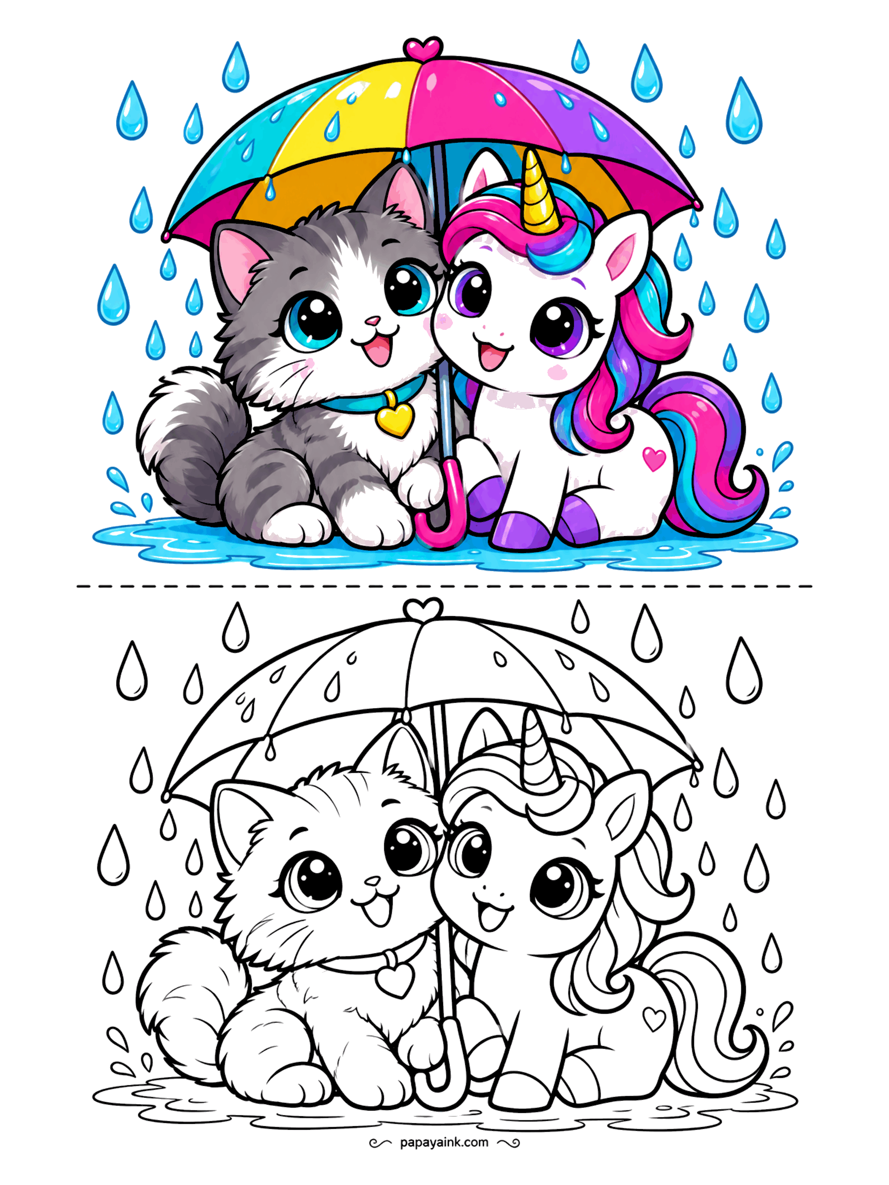 Cute Kawaii Coloring Pages - Raindrops bounce off a candy-colored umbrella shared by a gray tabby and a curly-maned unicorn, both grinning from a shallow puddle.