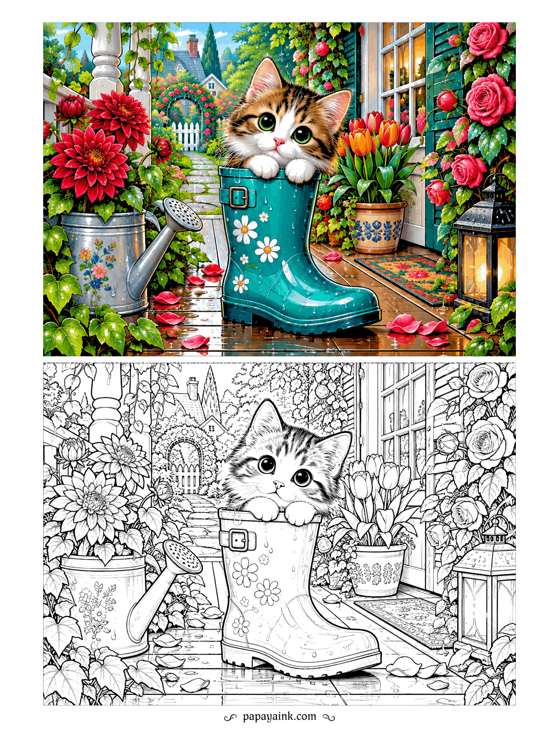 Cute Kawaii Coloring Pages - Inside a flower-print rain boot, a whiskery kitten gazes up from a wet porch lined with dahlias, tulips, climbing roses and a glowing lantern. Detailed.