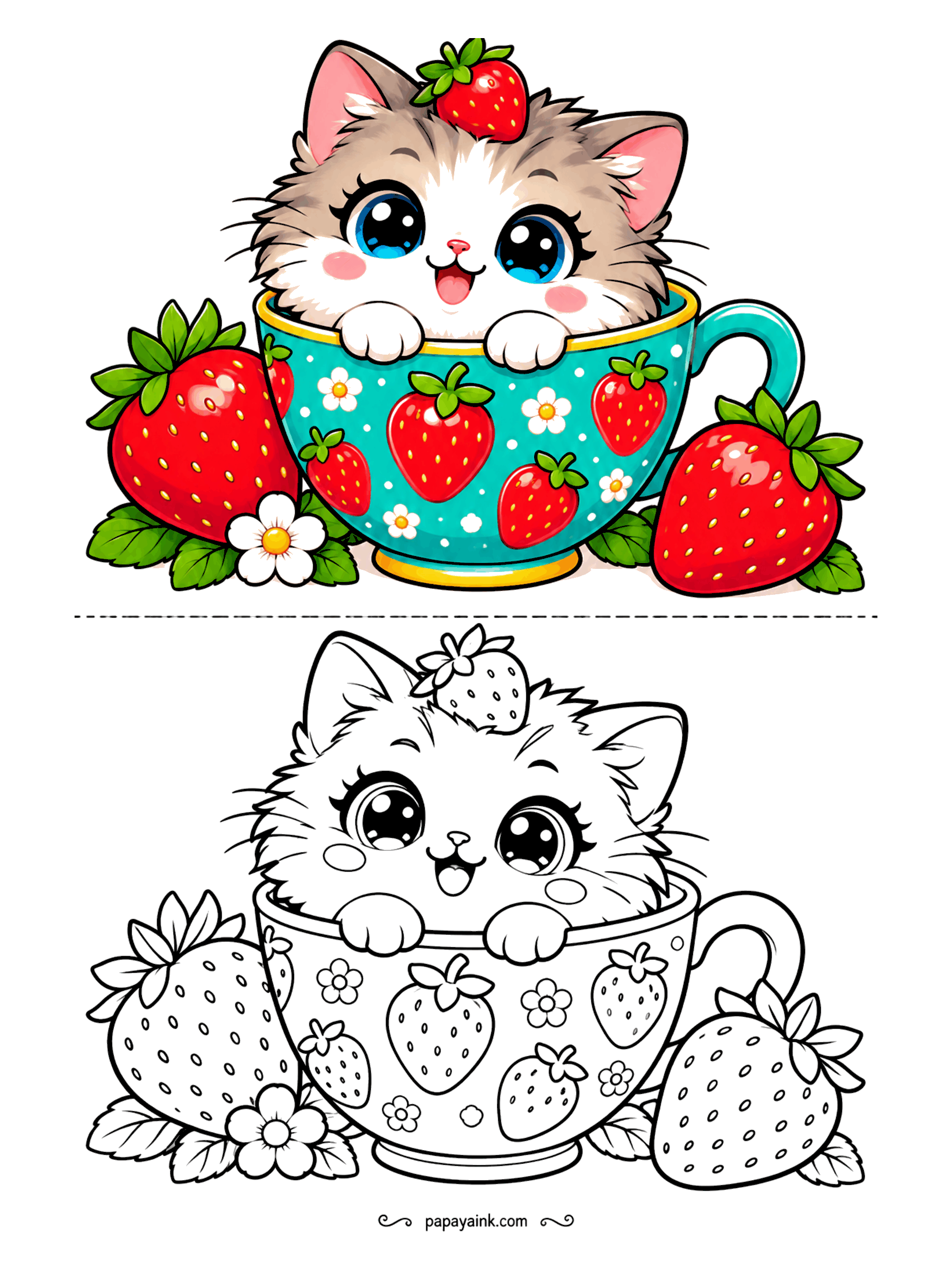 Cute Kawaii Coloring Pages - Peering over the rim of a strawberry-patterned cup, a fluffy kitten sits between two giant berries and a single white flower.