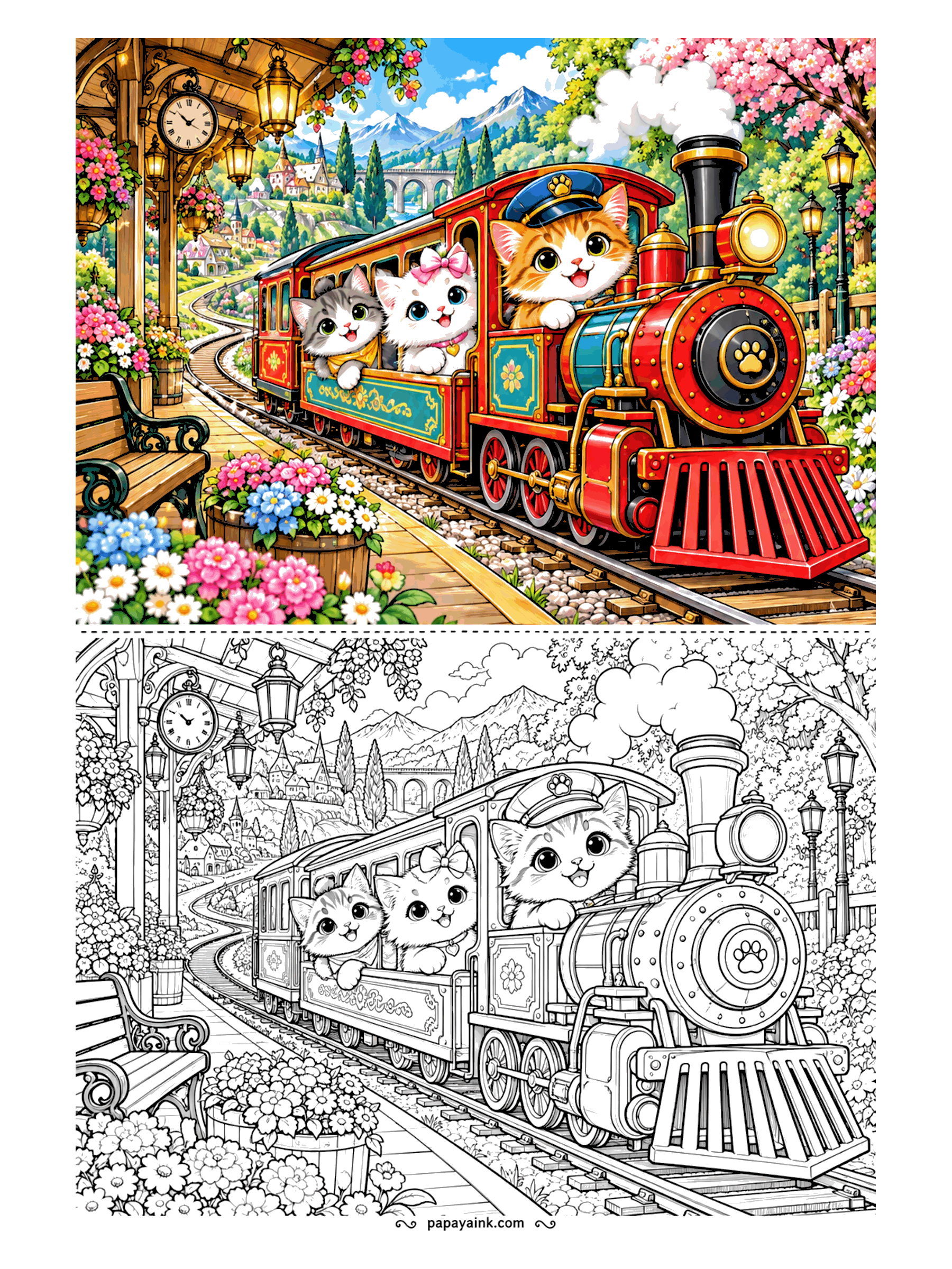 Cute Kawaii Coloring Pages - All aboard: a conductor kitten drives a gleaming steam engine past a flower-filled platform while fellow passengers wave from the carriage. Detailed.