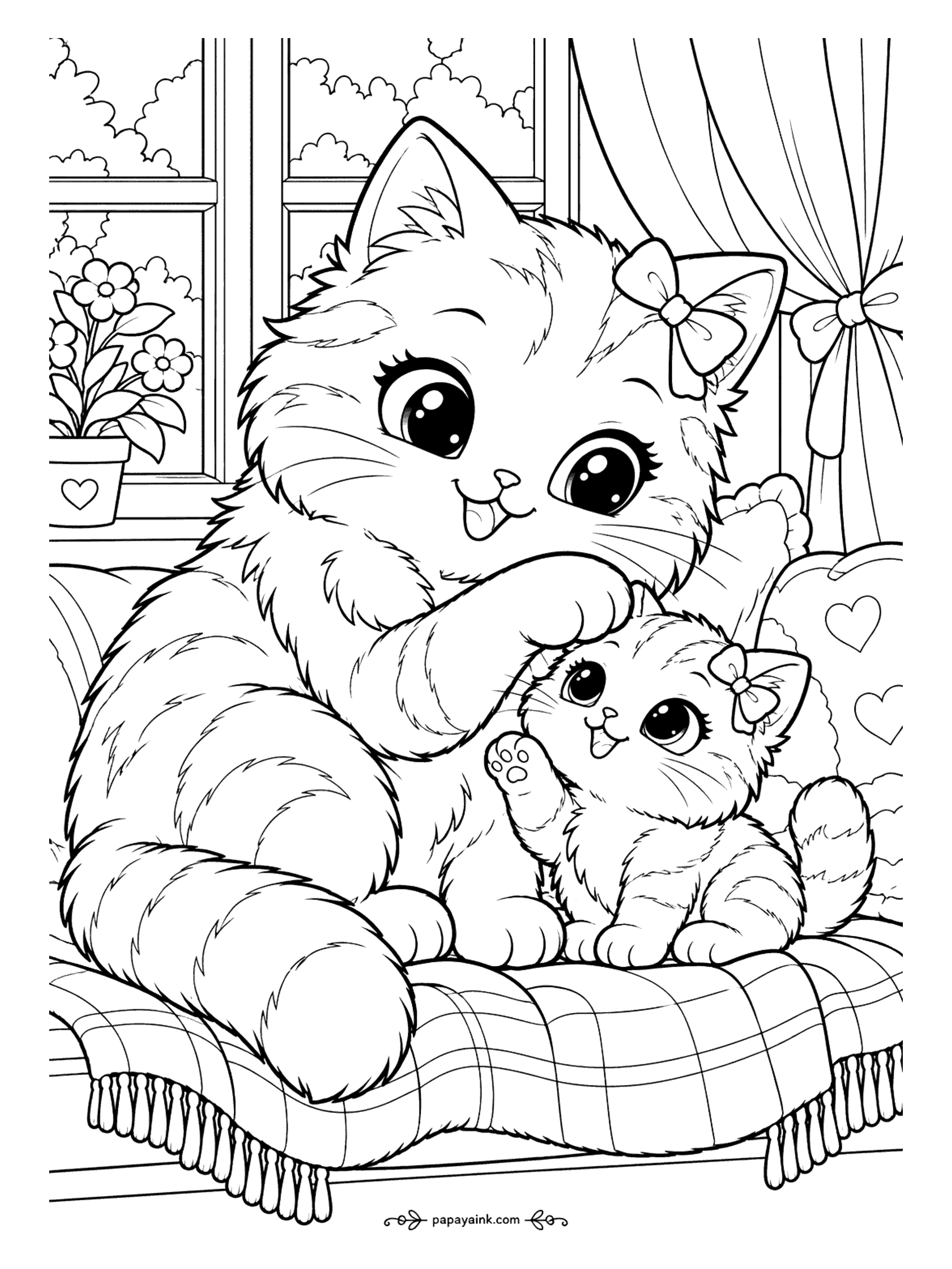 Kawaii Cat Coloring Pages - Fluffy mother cat resting a gentle paw on her kitten's head on a plaid, fringed cushion - soft, warm tones suit this tender moment.