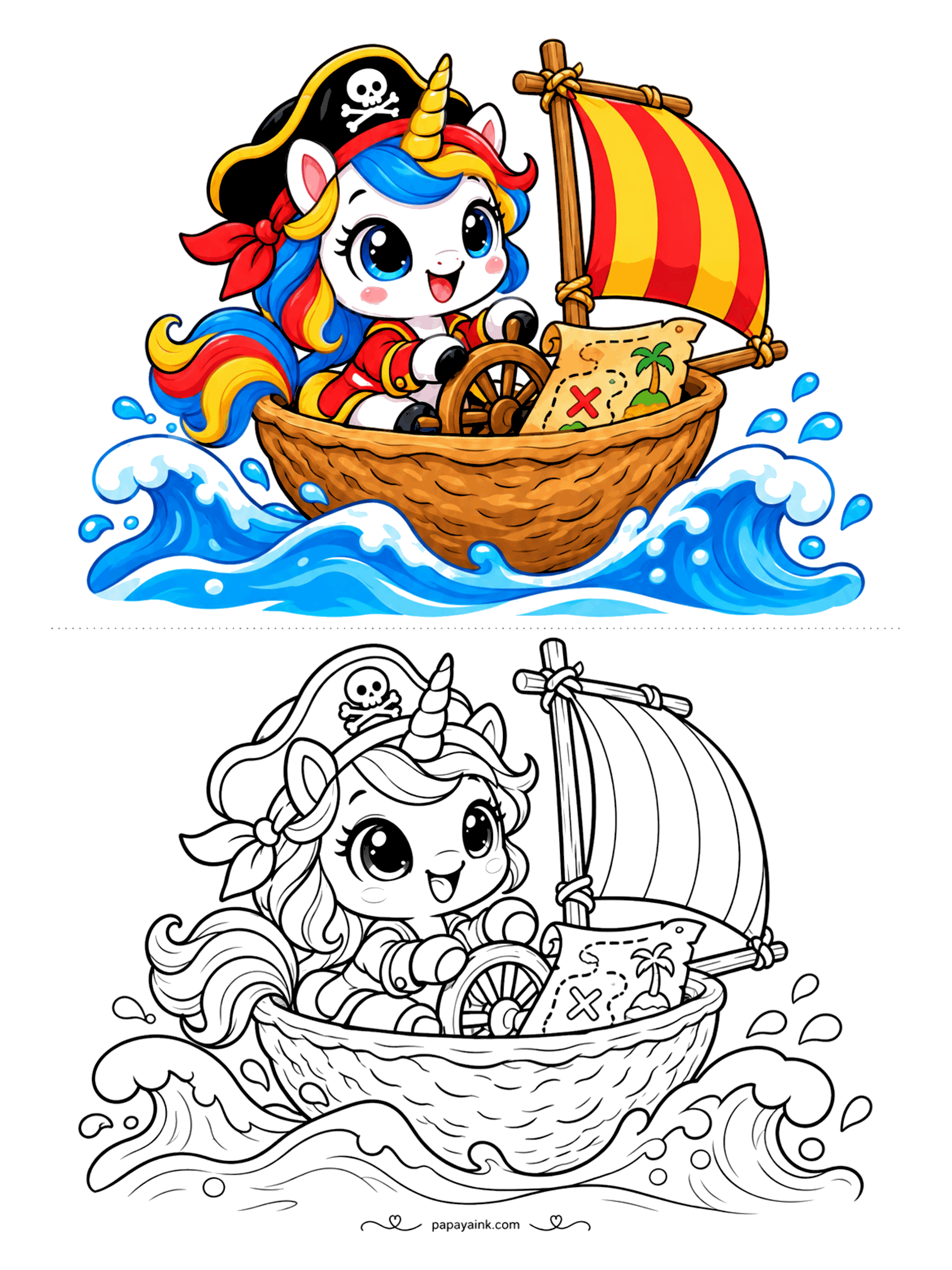 Kawaii Unicorn Coloring Pages - Pirate unicorn in a skull-and-crossbones hat steering a little nutshell boat with a striped sail, a treasure map at her side and waves splashing all around.
