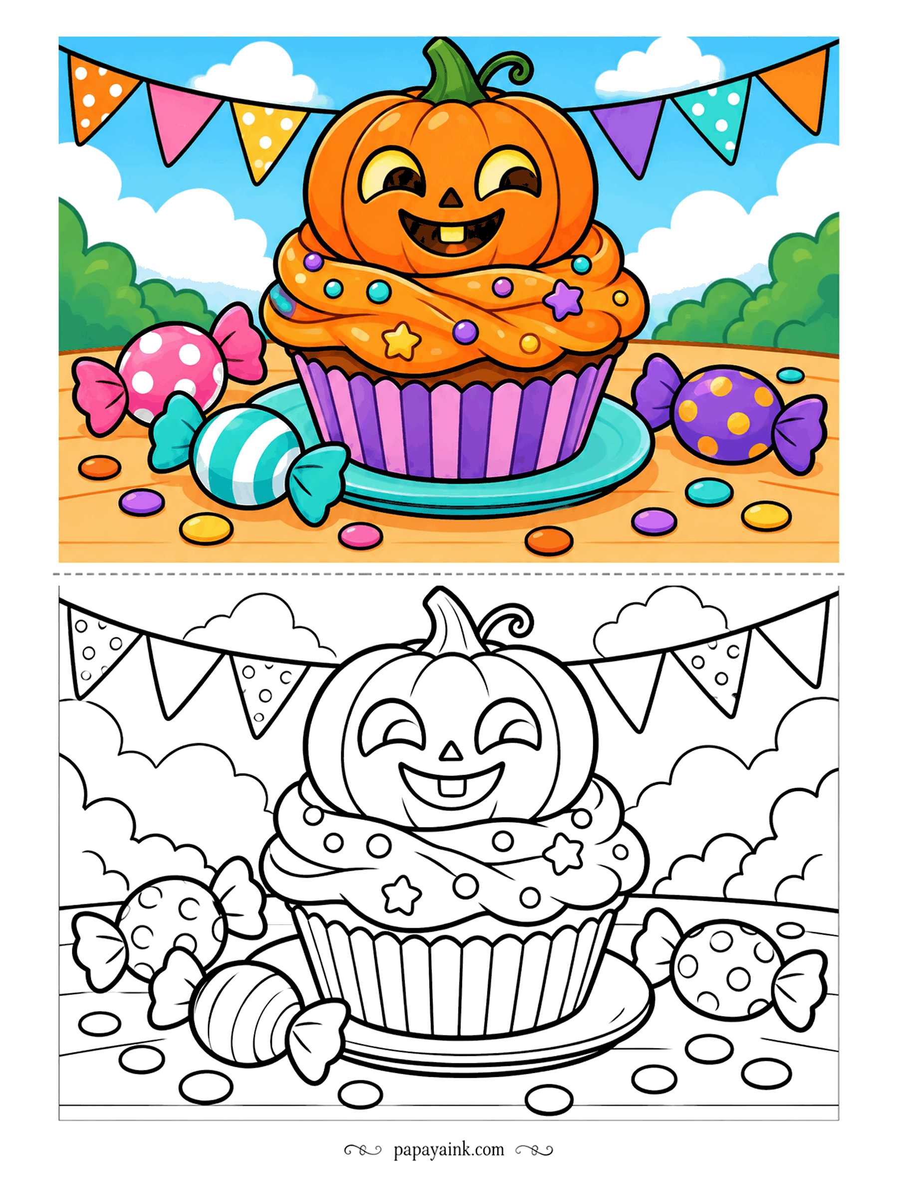 Pumpkin Coloring Pages - Half pumpkin, half cupcake, completely adorable. Swirled frosting, sprinkles and a cheeky grin on top, wrapped candies all around and pennants overhead. Very few small details - try bright candy pastels.