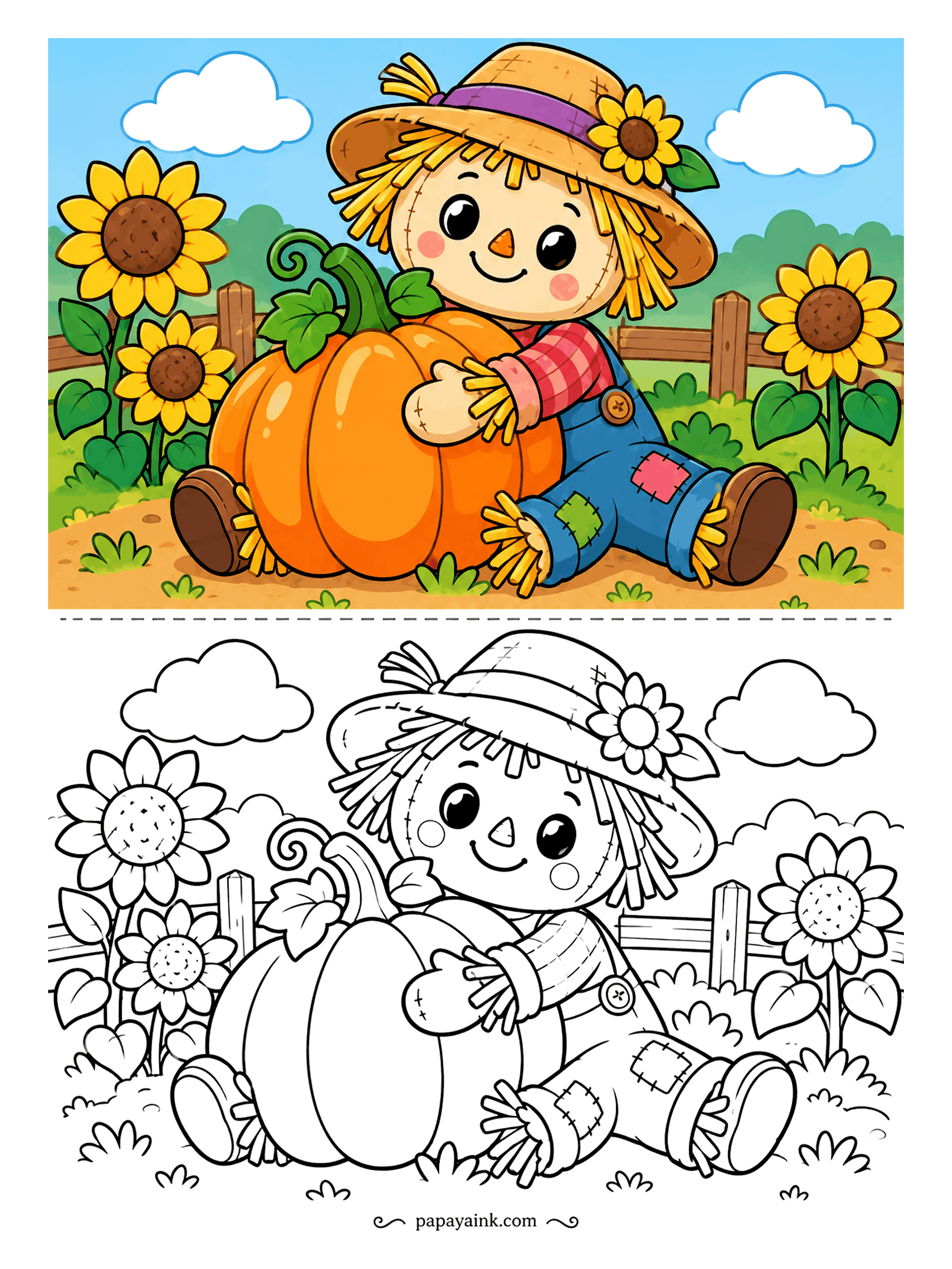 Scarecrow Coloring Pages - Giant shiny eyes, rosy cheeks and a pumpkin bigger than he is, hugged anyway. Sunflowers peek over the fence behind him. Big open shapes and very few small details - leave the white highlights in the eyes untouched.