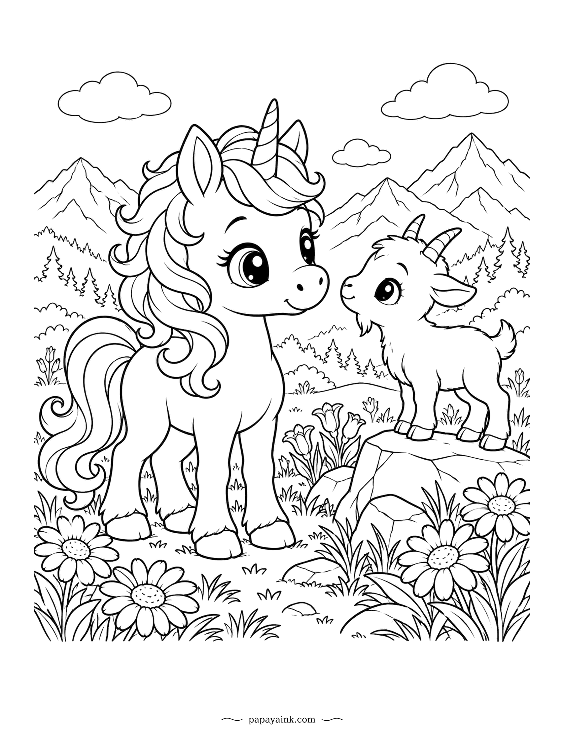 Kawaii Unicorn Coloring Pages - A baby goat has hopped onto a boulder to get a better look, and the little unicorn leans in to say hello. Snowy peaks rise behind the meadow of daisies. Both have curly coats, so try contrasting pastels to tell them apart.